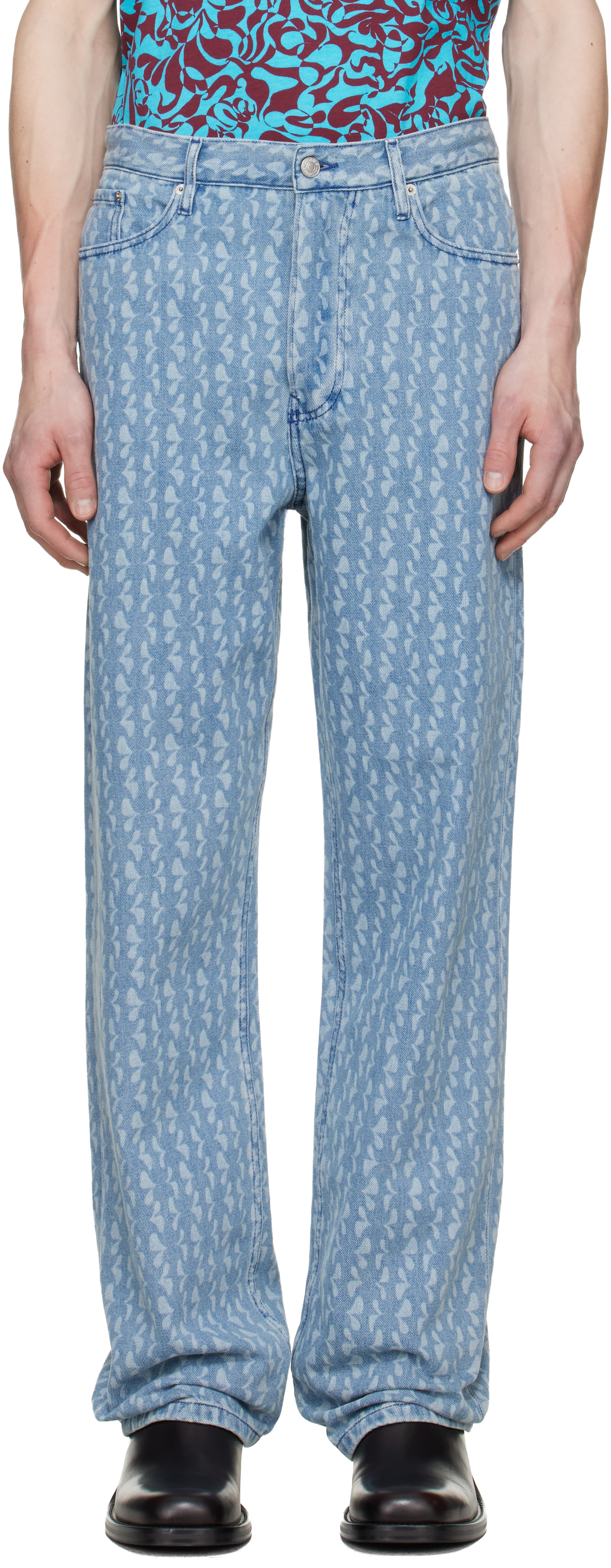 Dries Van Noten: Blue Printed-Graphic Jeans | SSENSE