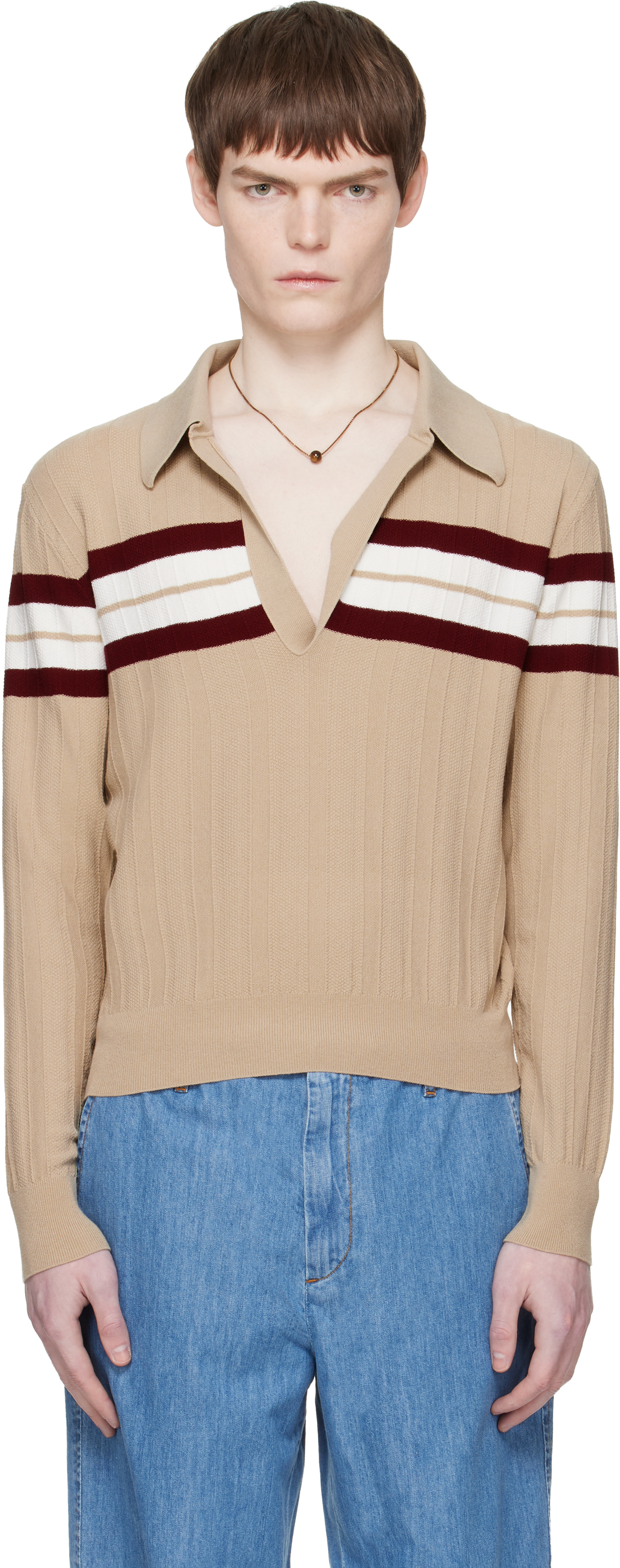 Dries Van Noten: ベージュ ブロックストライプ ニットポロシャツ