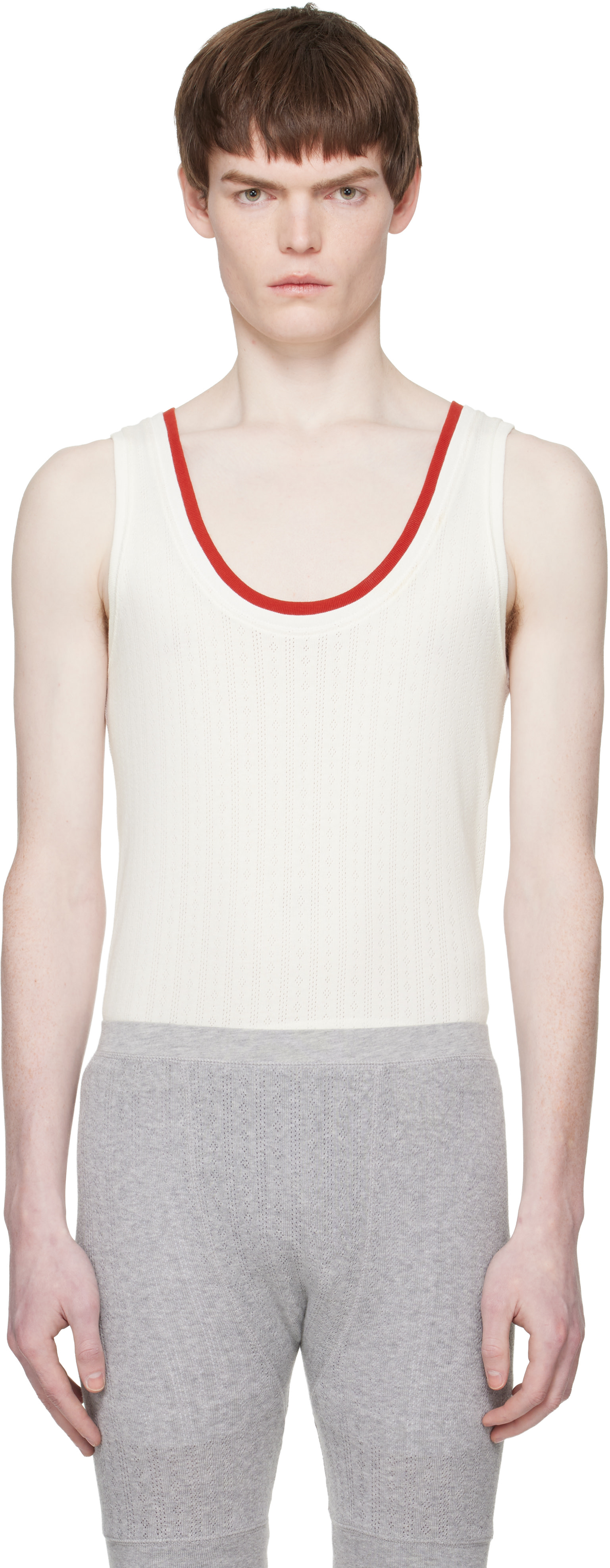 DRIES VAN NOTEN ジャガード 抽象柄 タンクトップ ベルギー製 Dries Van Noten: Off-White & Red Jacquard Tank Top | SSENSE