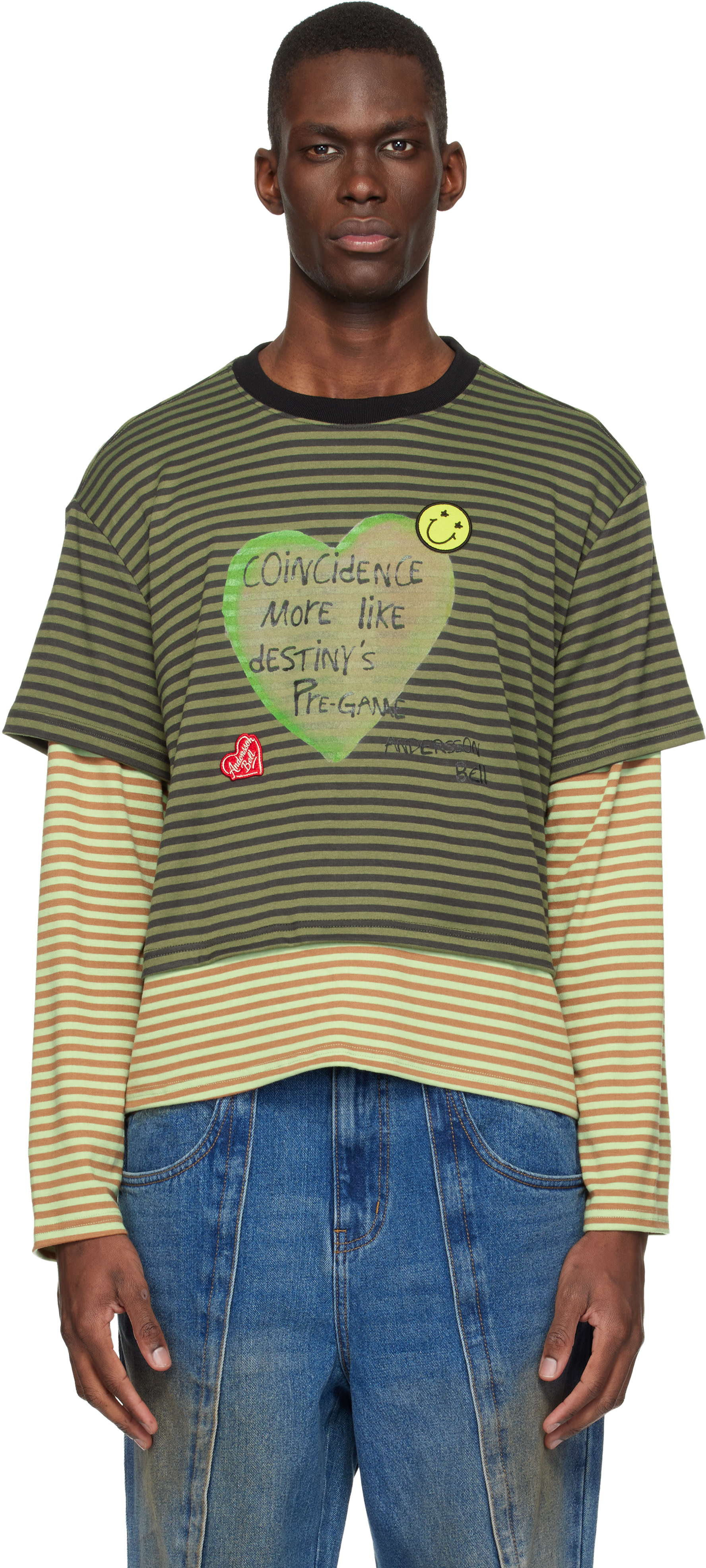Andersson Bell: Khaki Essential Heart Message Stripe Layered LS T