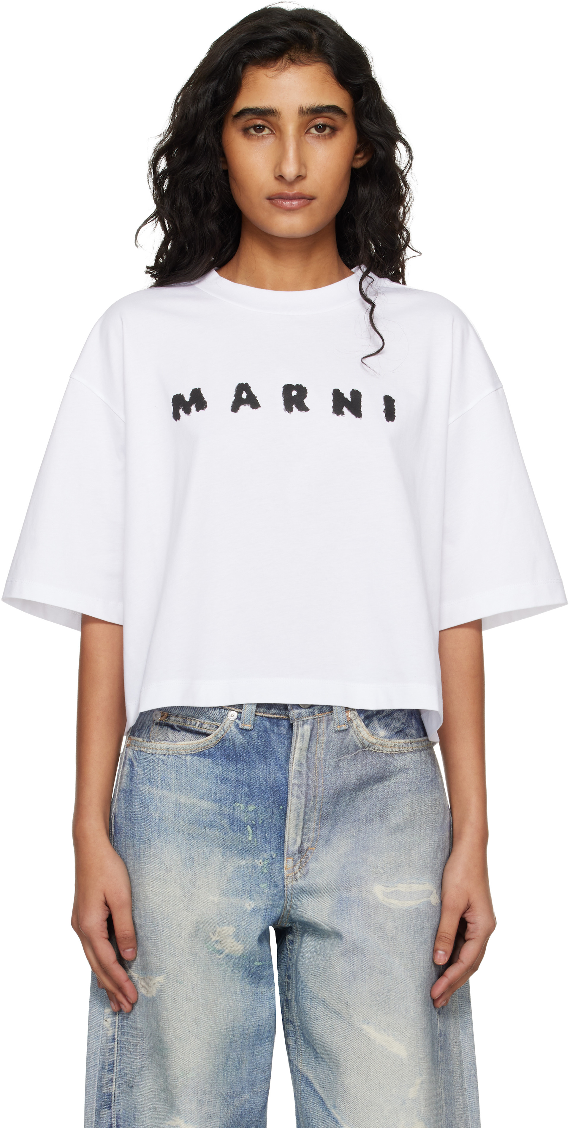 Marni: ホワイト Marni Scribbled Logo ジャージ Tシャツ | SSENSE 日本