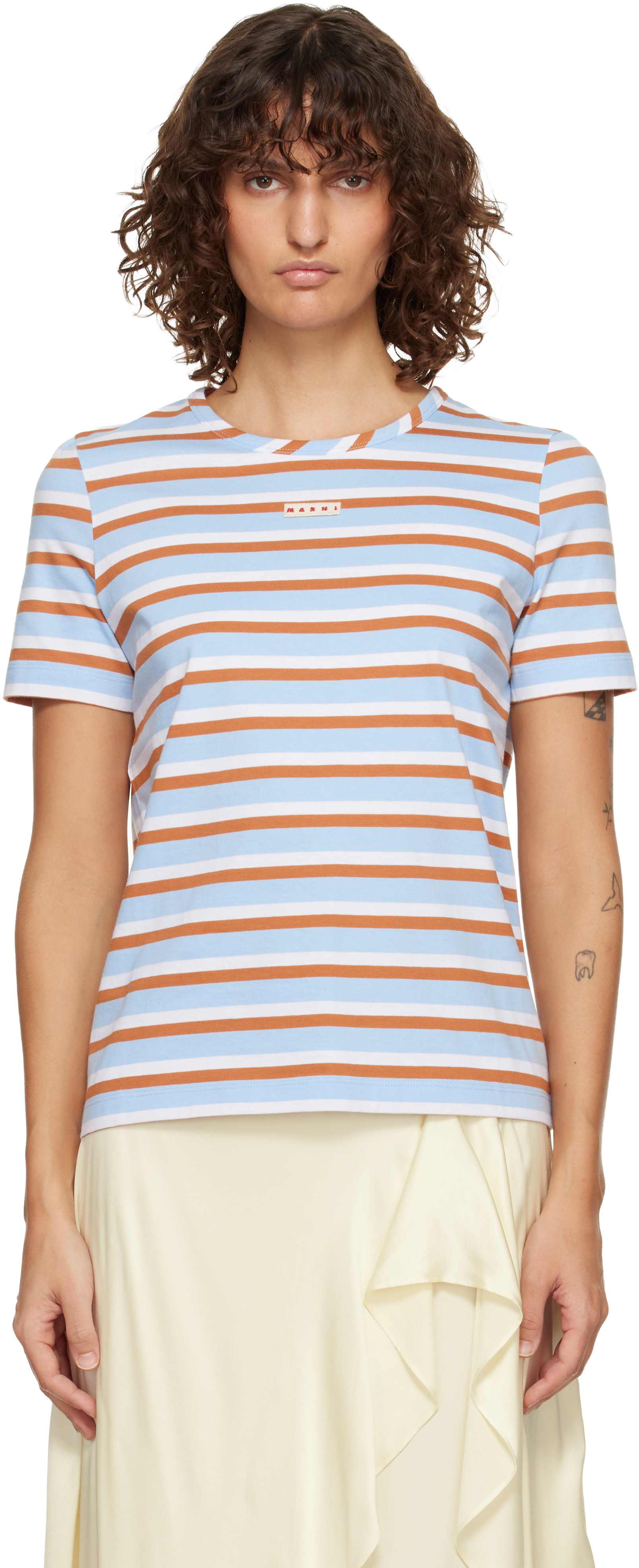 Marni: Blue & Brown Striped Cotton T-shirt | SSENSE