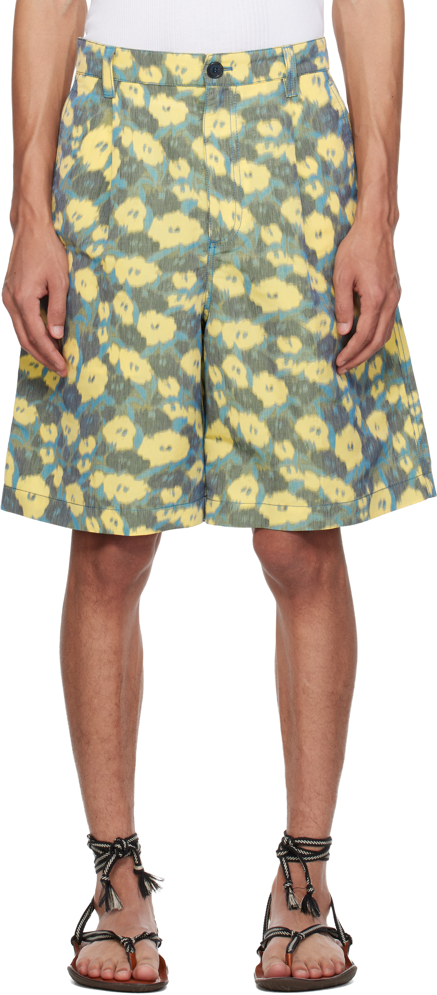 Marni: Green & Yellow Linen Blend Blurry Floral Print Shorts