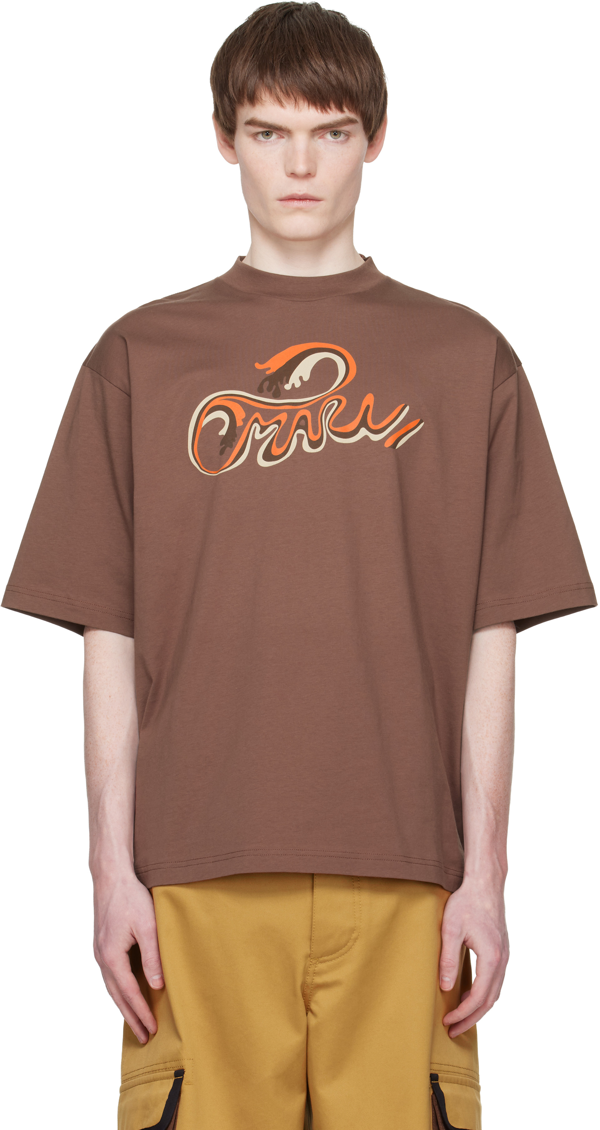 Marni: Brown Cotton 'Marni Wave Print' T-shirt | SSENSE