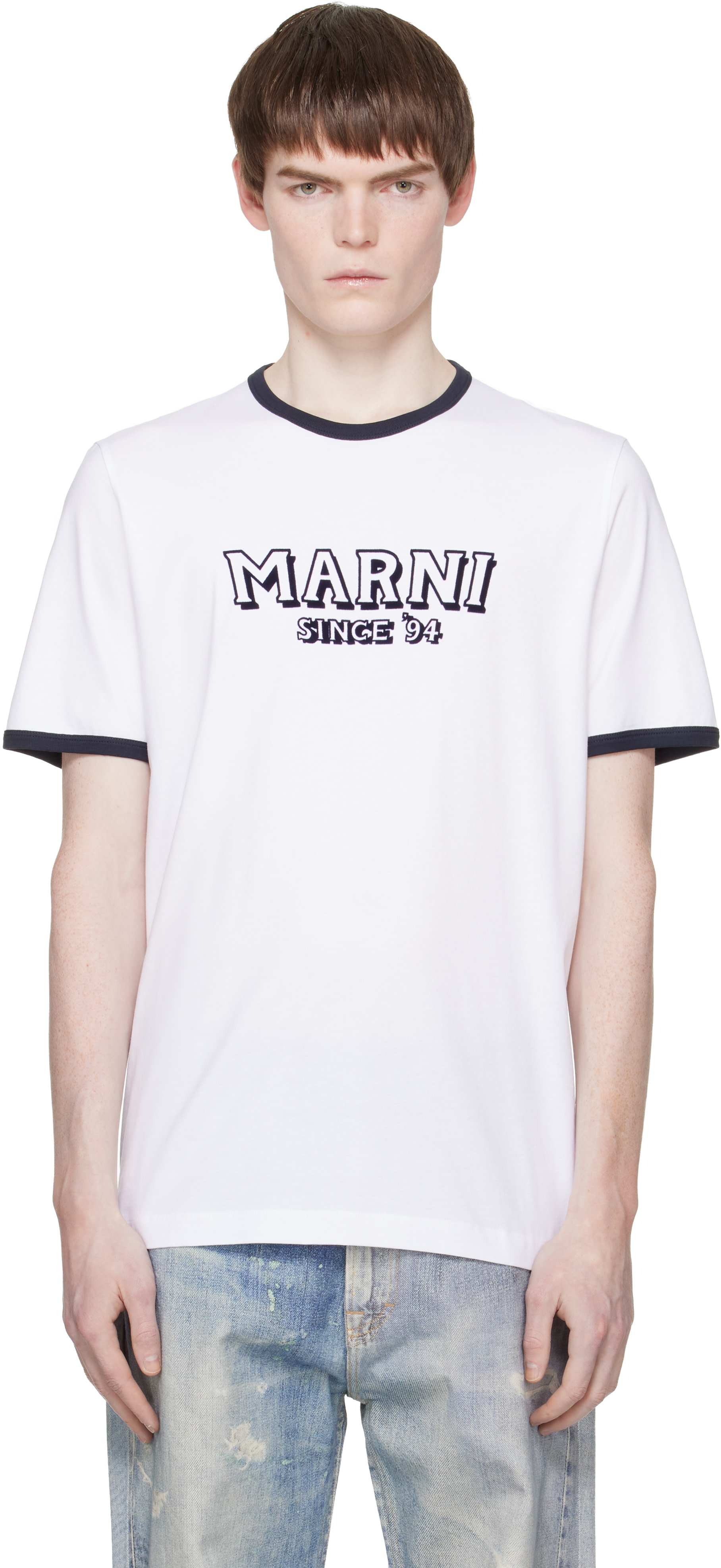 Marni: ホワイト コットン コントラストトリム Tシャツ | SSENSE 日本