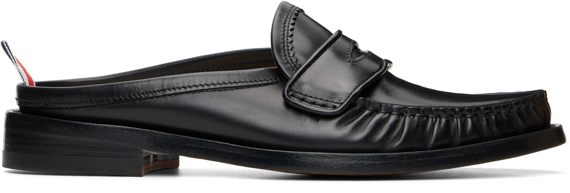 Thom Browne: Black Calf Flexible Leather Mule Penny Loafers | SSENSE