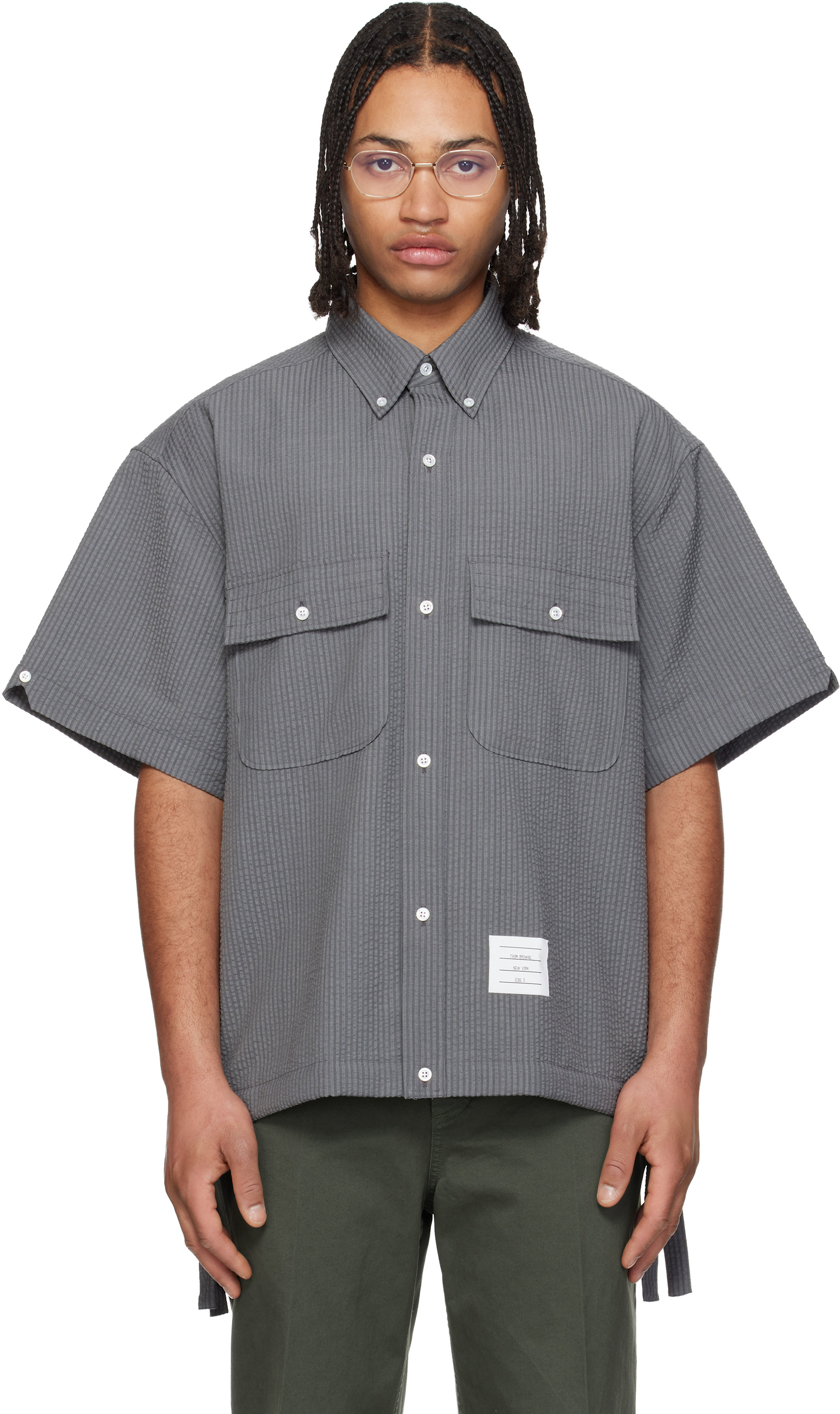 Thom Browne: Gray S/S Track Shirt Flap Pockets Wool Shirt | SSENSE