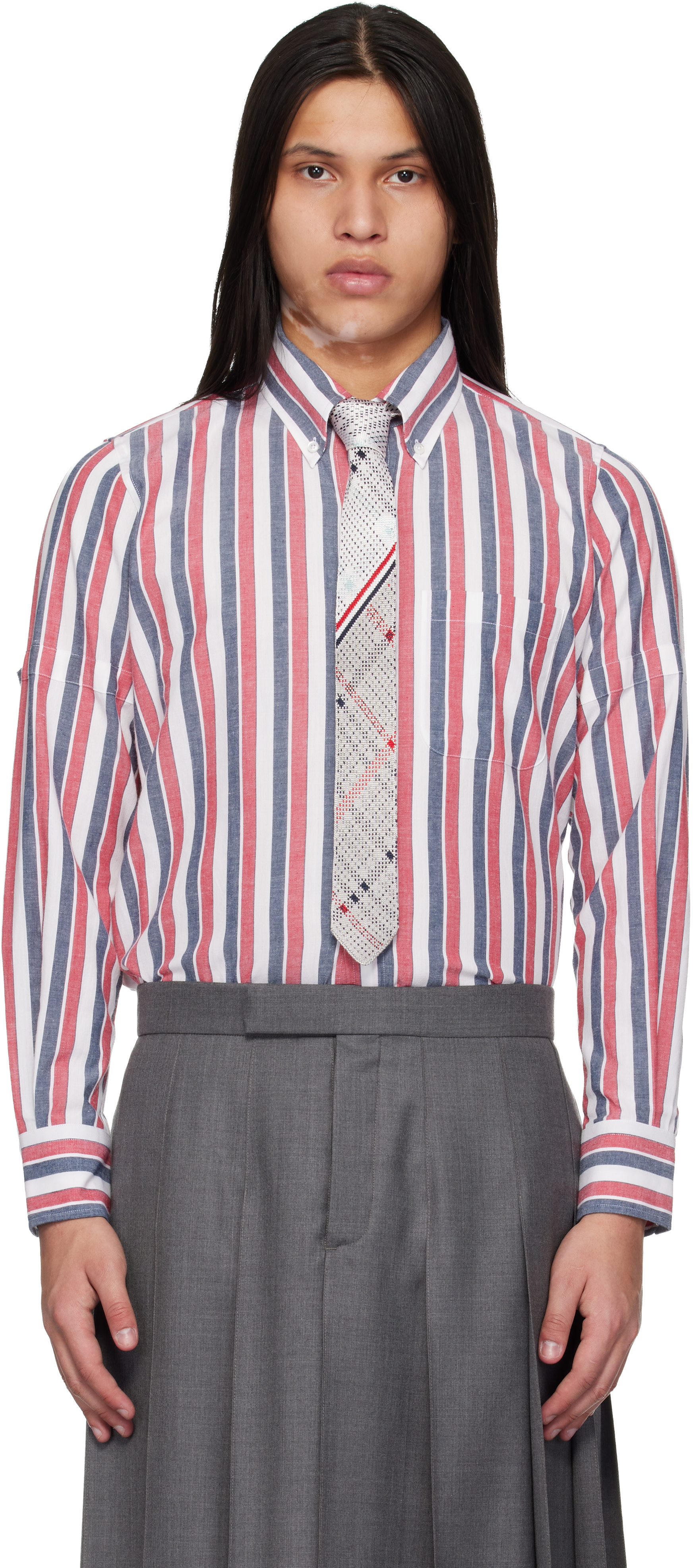 thom browne dress shirt NWOT White Oxford Woven RWB Sleeve Stripe Button Down TB0 MSRP $550 defined armhole and sleeves that allow for ease of movement Thom Browne Red & Gray