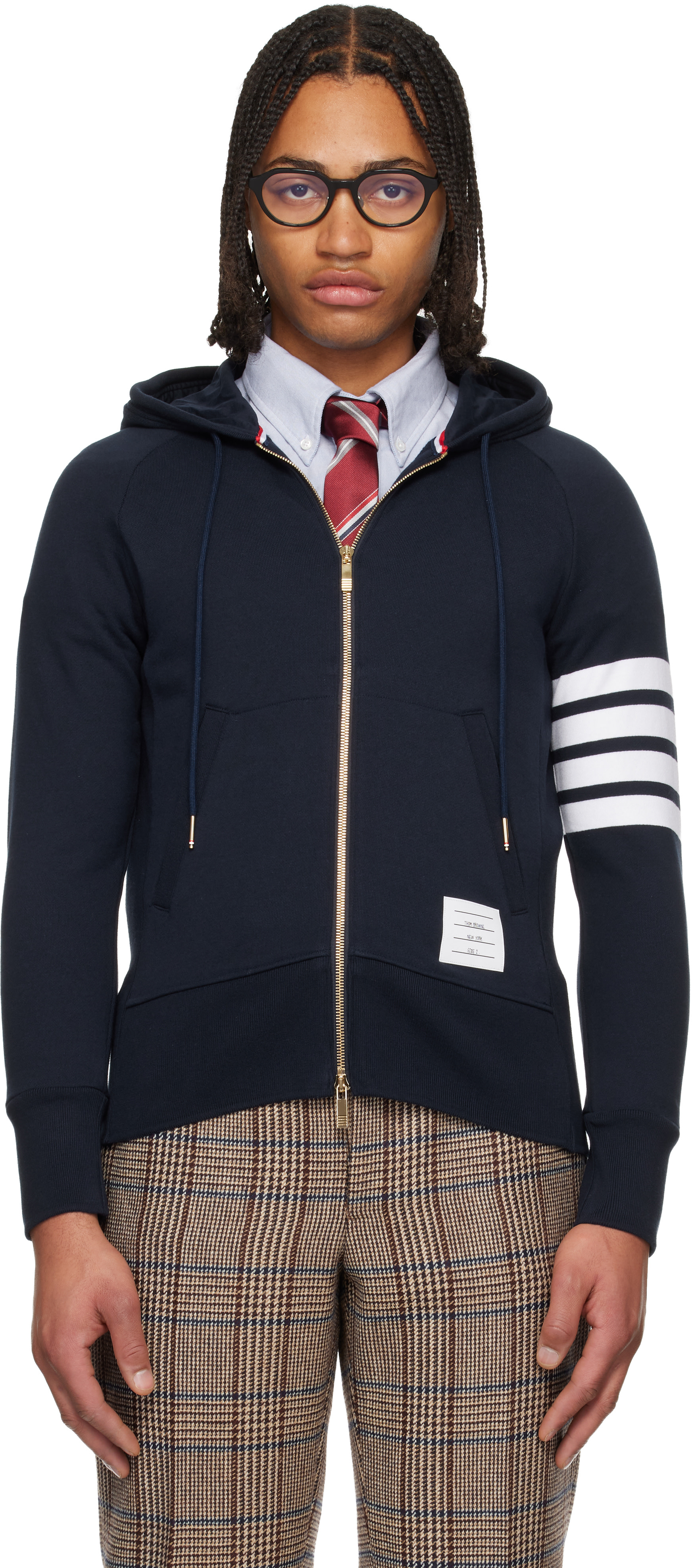 Thom Browne: Navy Classic Loopback 4-Bar Full Zip Hoodie | SSENSE