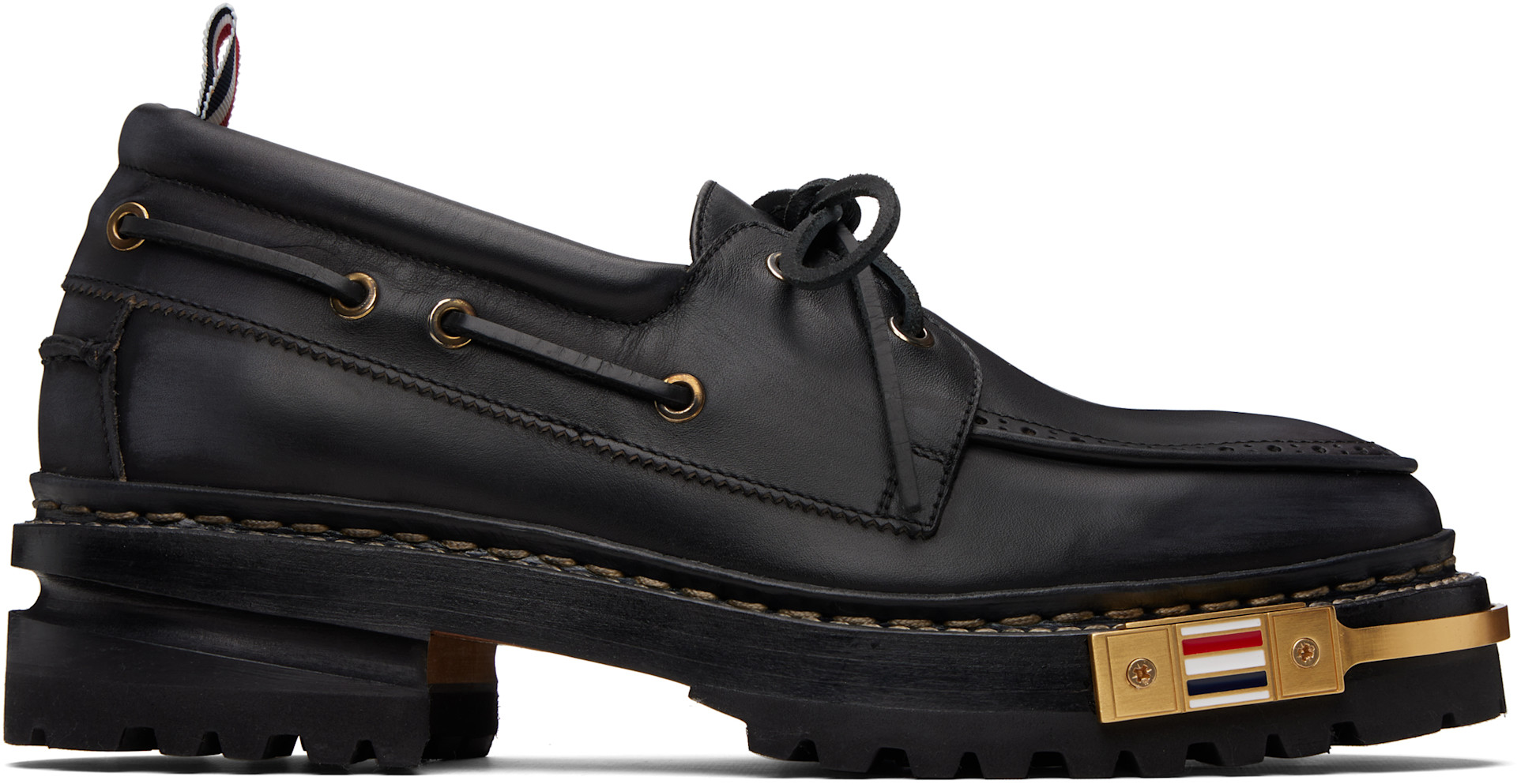 Thom Browne: Black Distressed Calf Hiking Boat Shoes | SSENSE