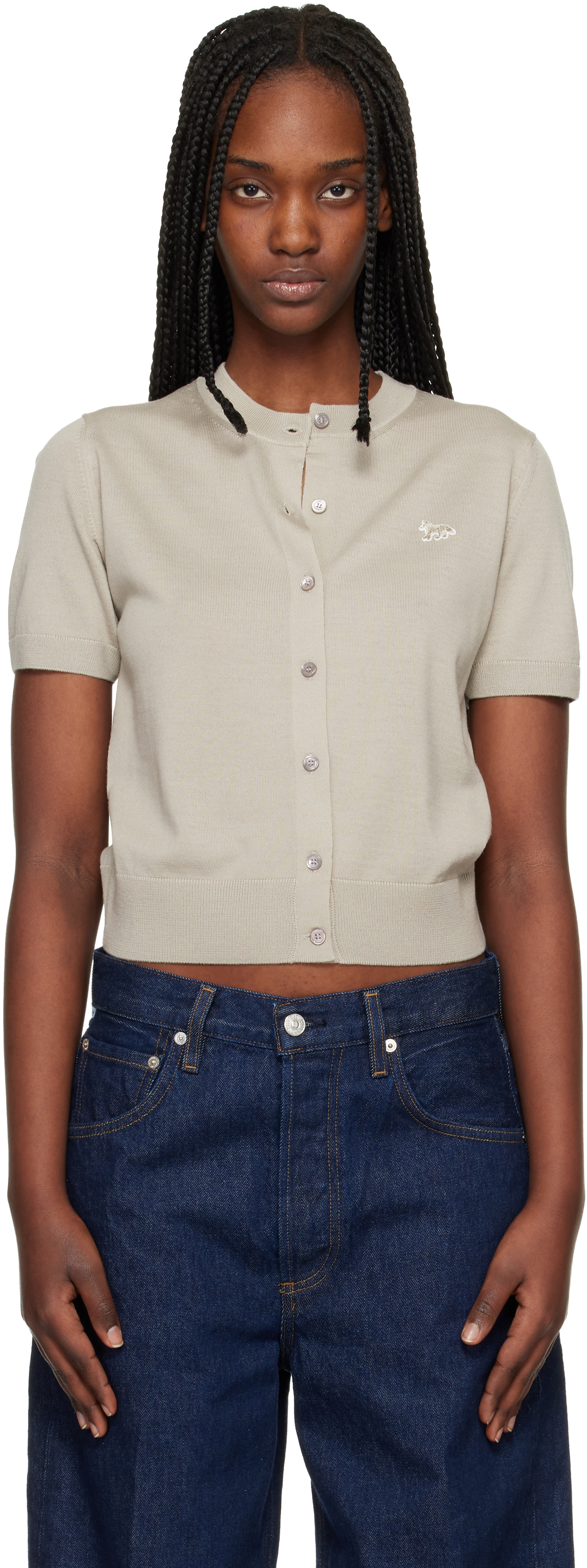 Maison Kitsuné: Taupe Baby Fox Fine Merino Short Sleeve Cardigan
