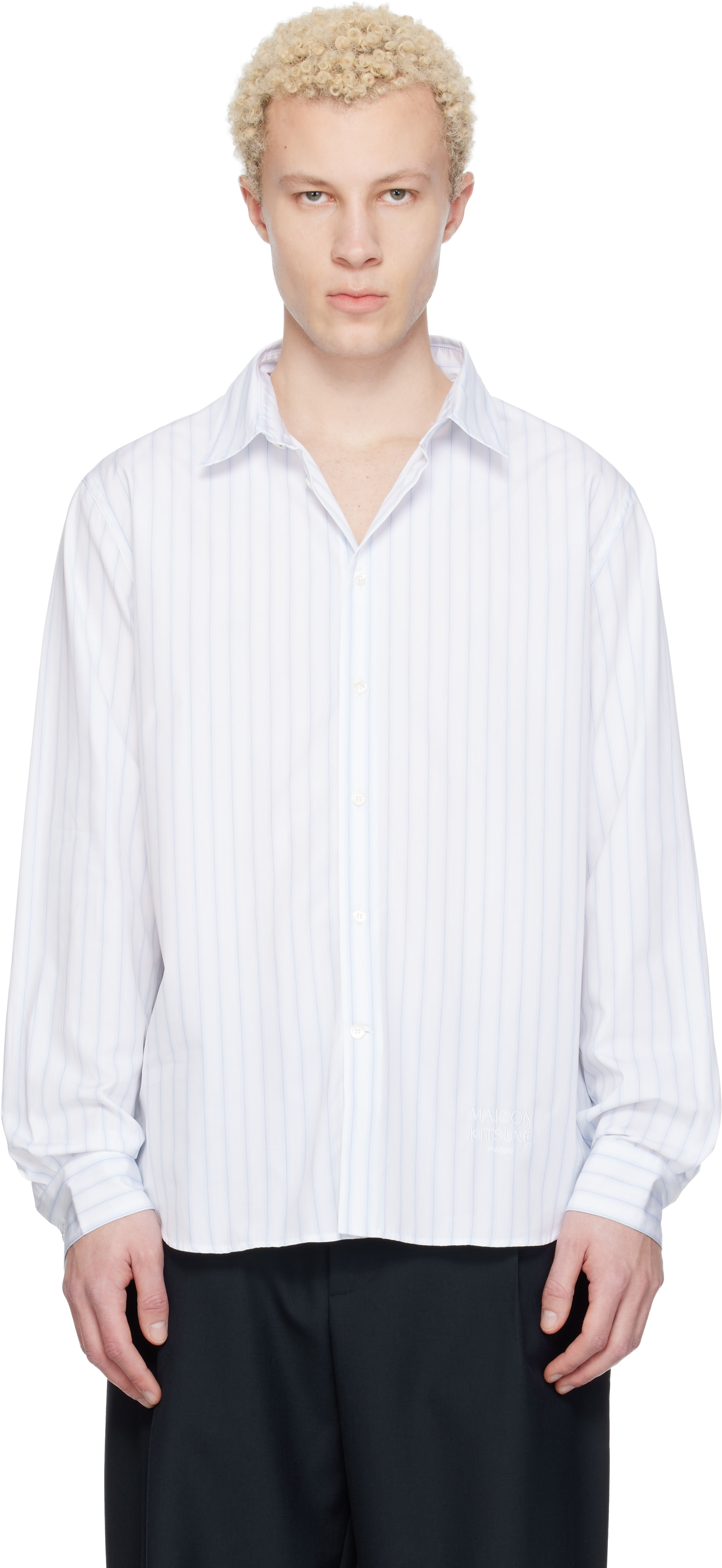 Maison Kitsune メンズ ストライプ シャツ Maison Kitsuné: White & Blue Striped Casual Shirt | SSENSE