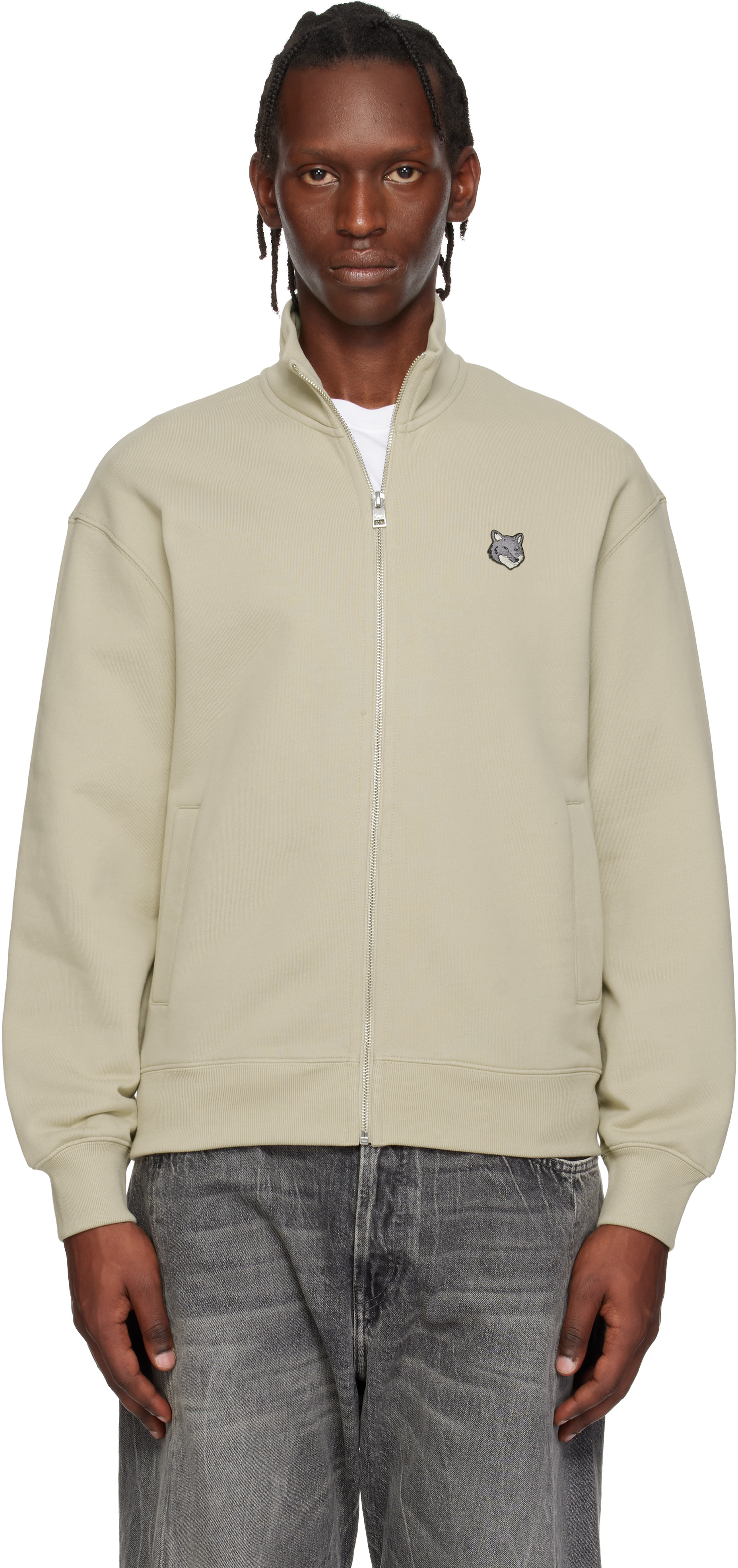 Wooly Warmy Footless & MAISON KITSUNÉ Maison Kitsuné: Beige Fox Head Zipped Comfort Sweatshirt | SSENSE