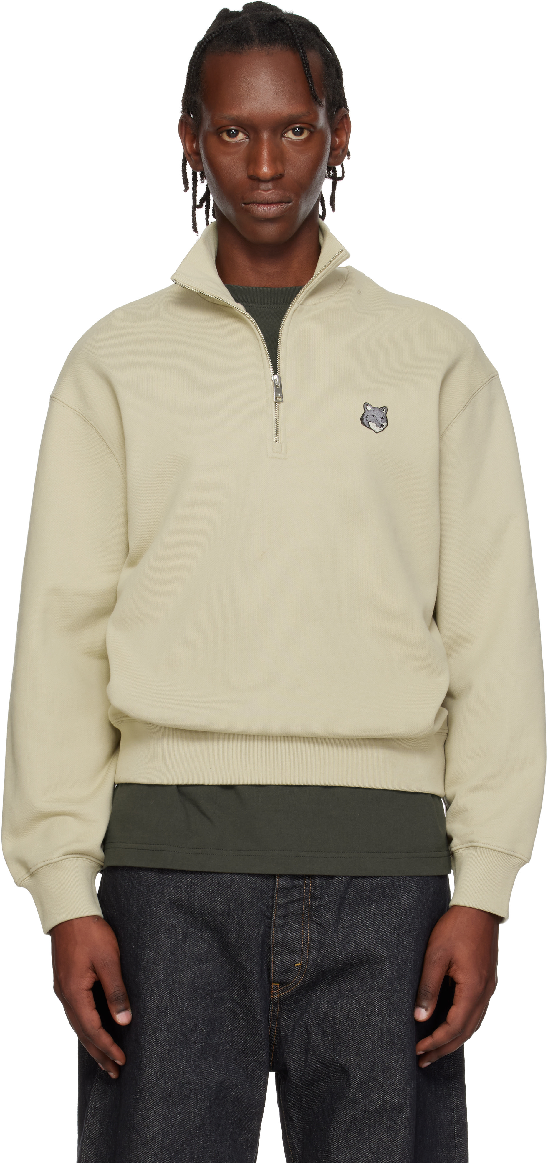 Maison Kitsuné: Beige Fox Head Comfort Half Zip Sweatshirt