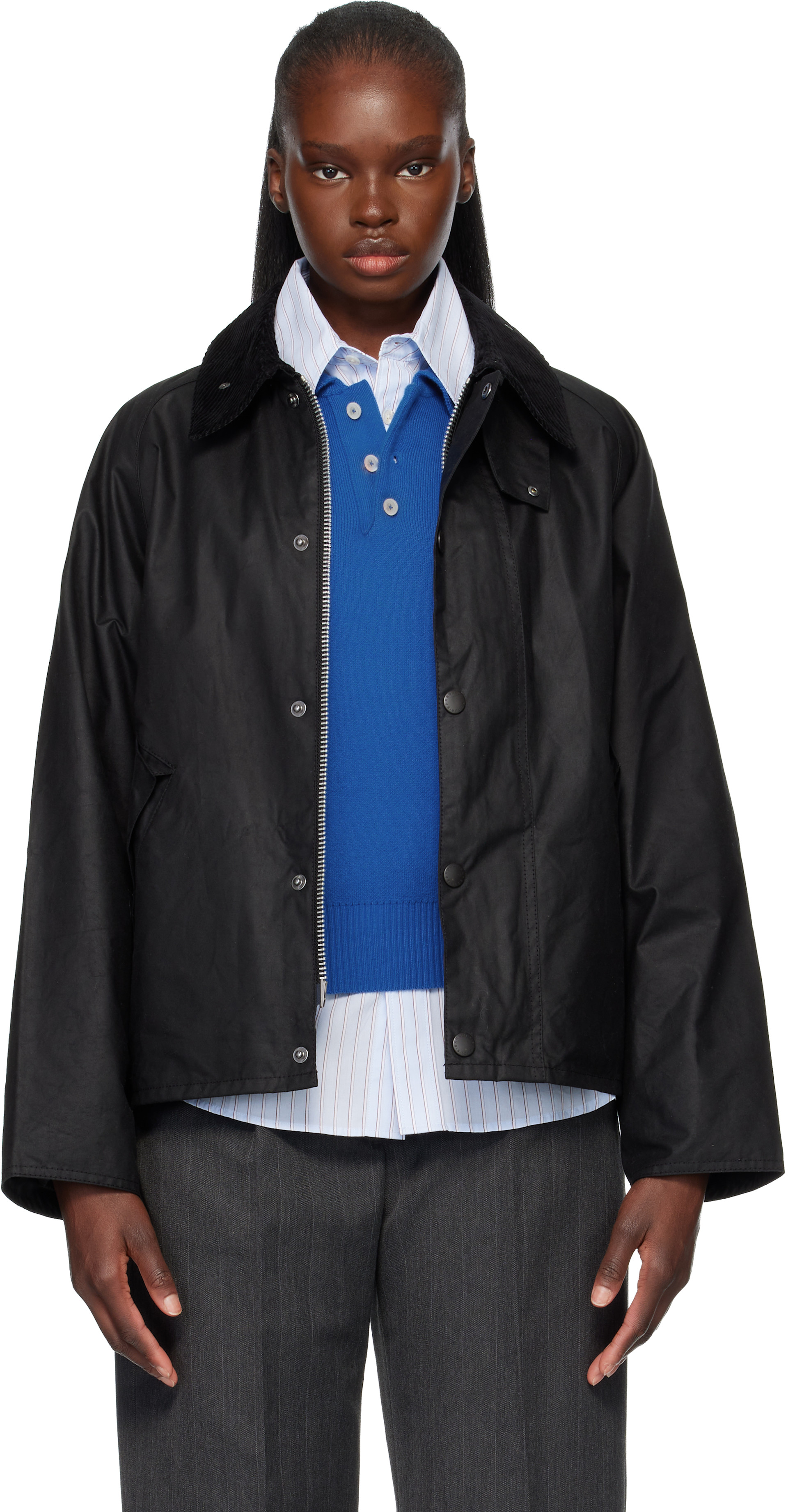 Barbour: Black Transport Waxed Jacket | SSENSE Bahrain