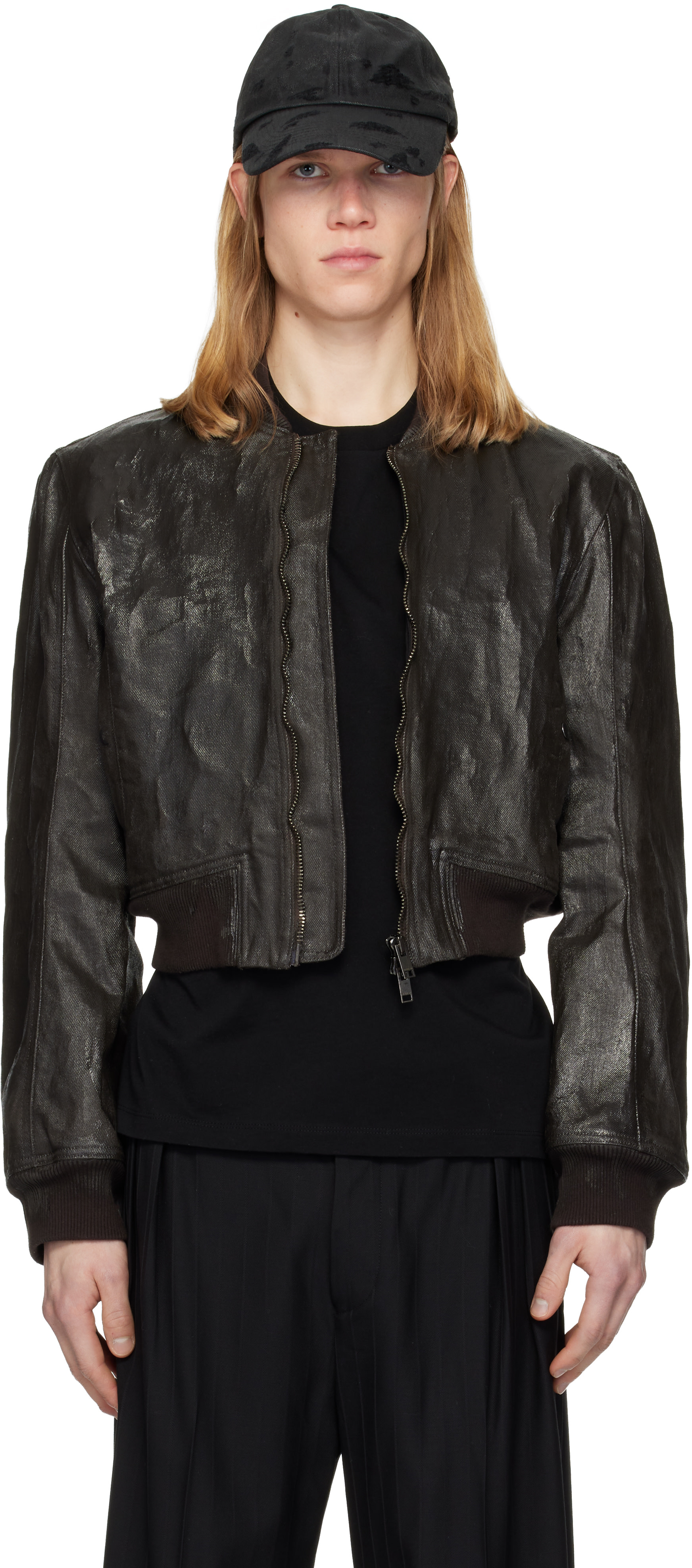 DET BLEV SENT: Brown Locust Crack Waxed Denim Bomber Jacket | SSENSE