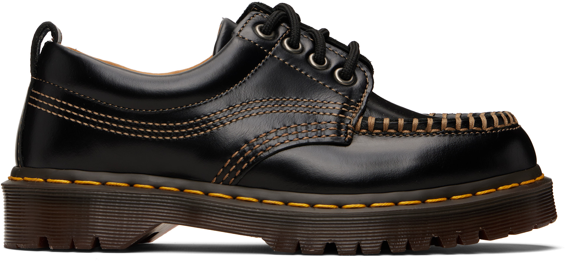 Dr. Martens: Black Lowell Leather Moc Toe Derbys | SSENSE