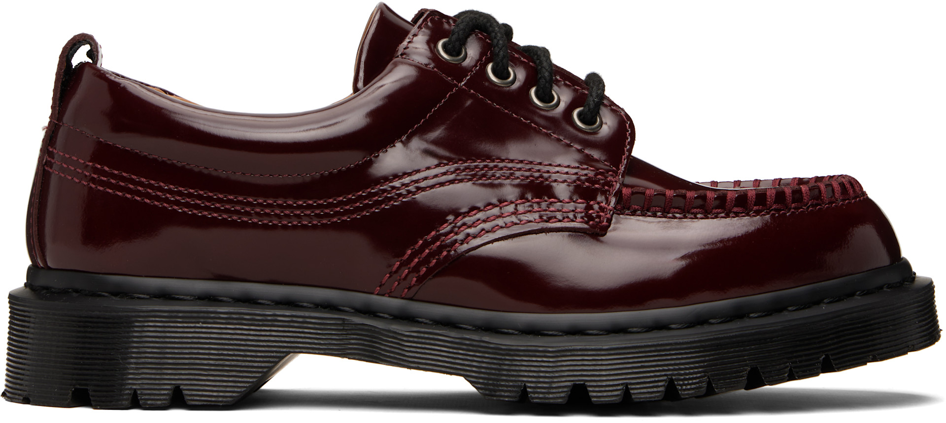 Dr. Martens: Burgundy Lowell Lacquered Leather Moc Toe Derbys | SSENSE