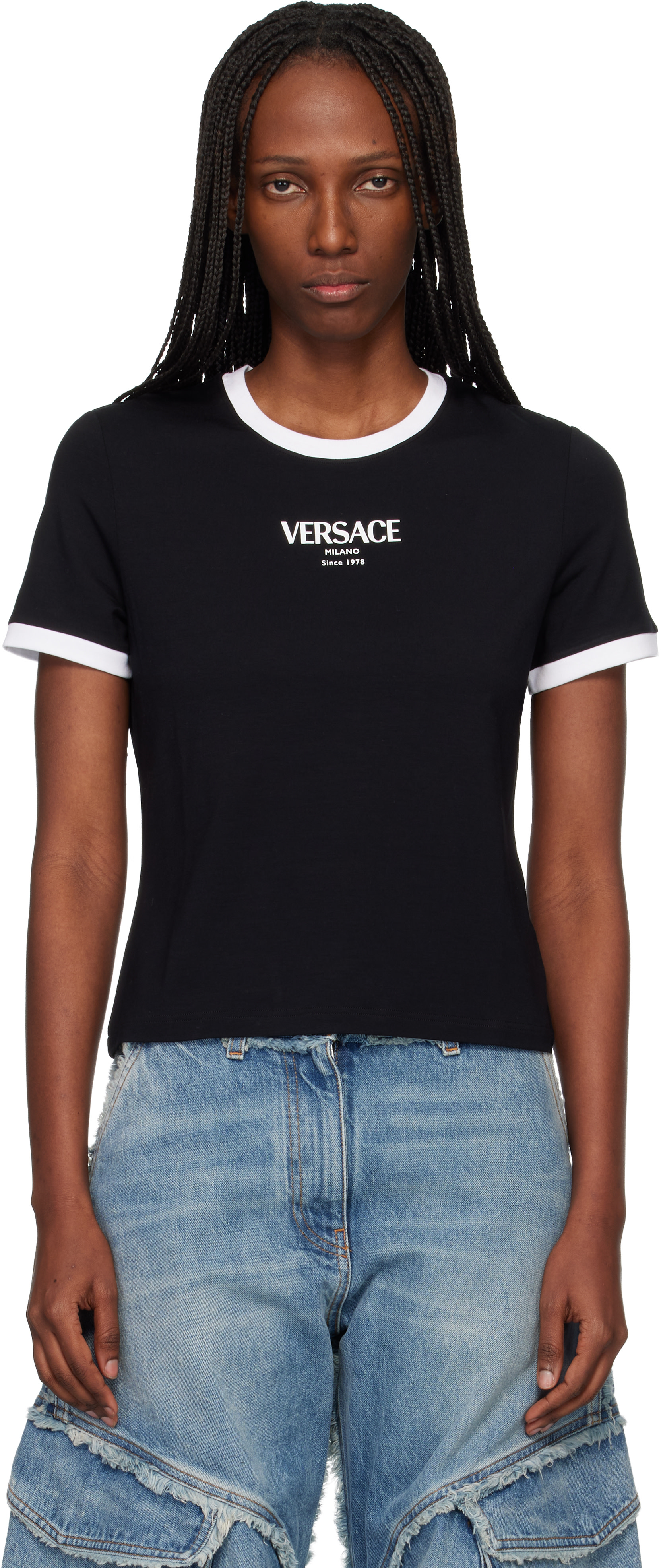 Versace: Black Stretch Viscose-Jersey T-Shirt | SSENSE