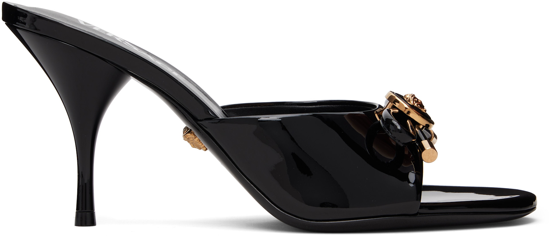 Versace: Black Opera Bow Patent Mule Heeled Sandals | SSENSE Versace: Black Opera Bow Patent Mule Heeled Sandals | SSENSE