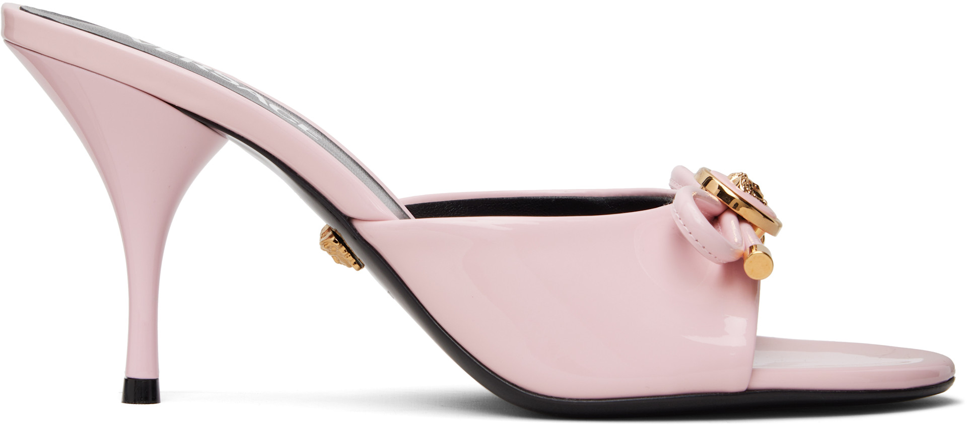 Versace: Pink Opera Bow Patent Mule Heeled Sandals | SSENSE