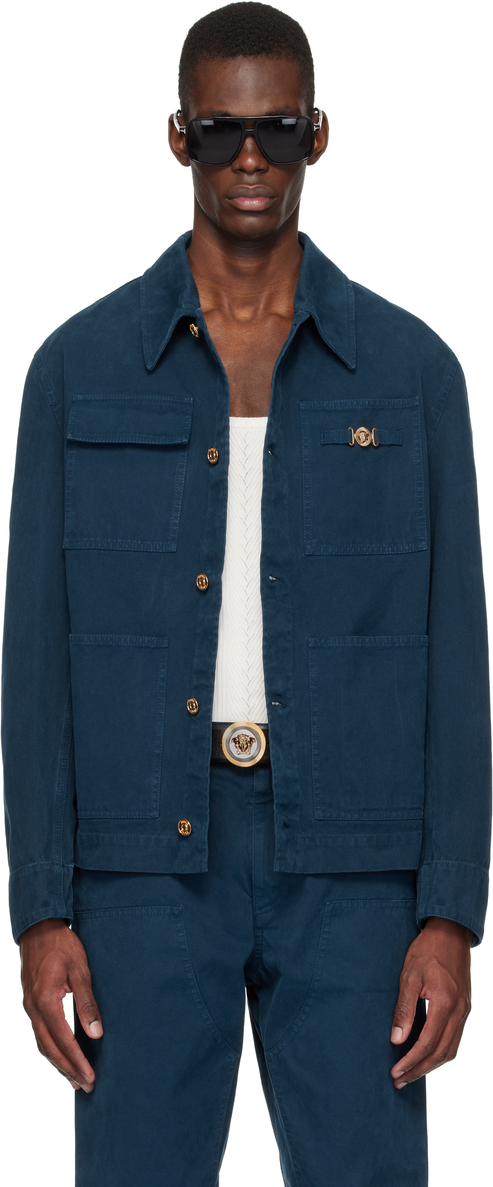 Versace: Navy Overdyed Canvas Carpenter Jacket | SSENSE