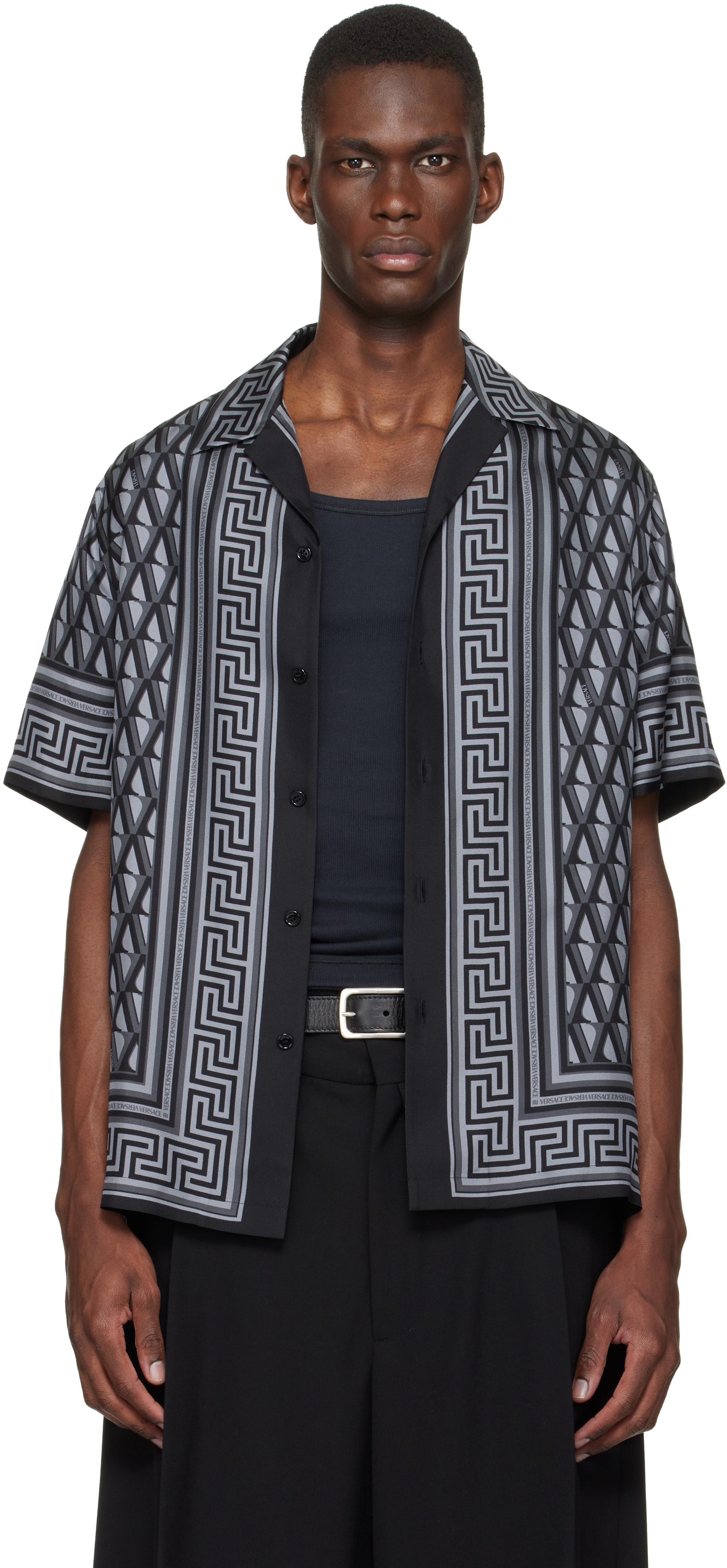 Versace: Black & Gray Printed Silk Twill Slim Shirt | SSENSE