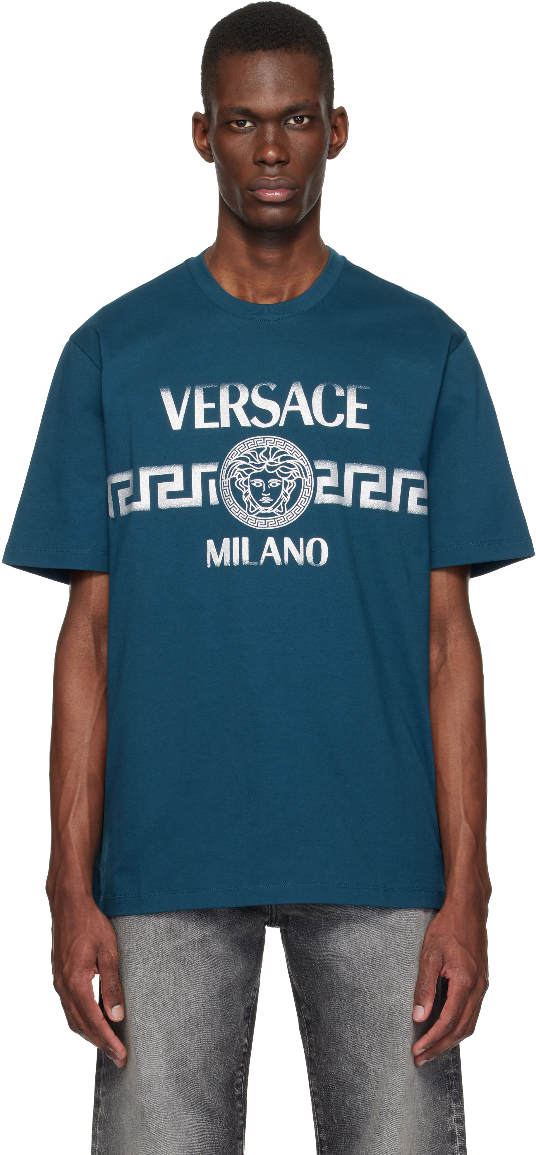 VERSACE Tシャツ Embellished Cotton-Jersey T-Shirt Black | VERSACE