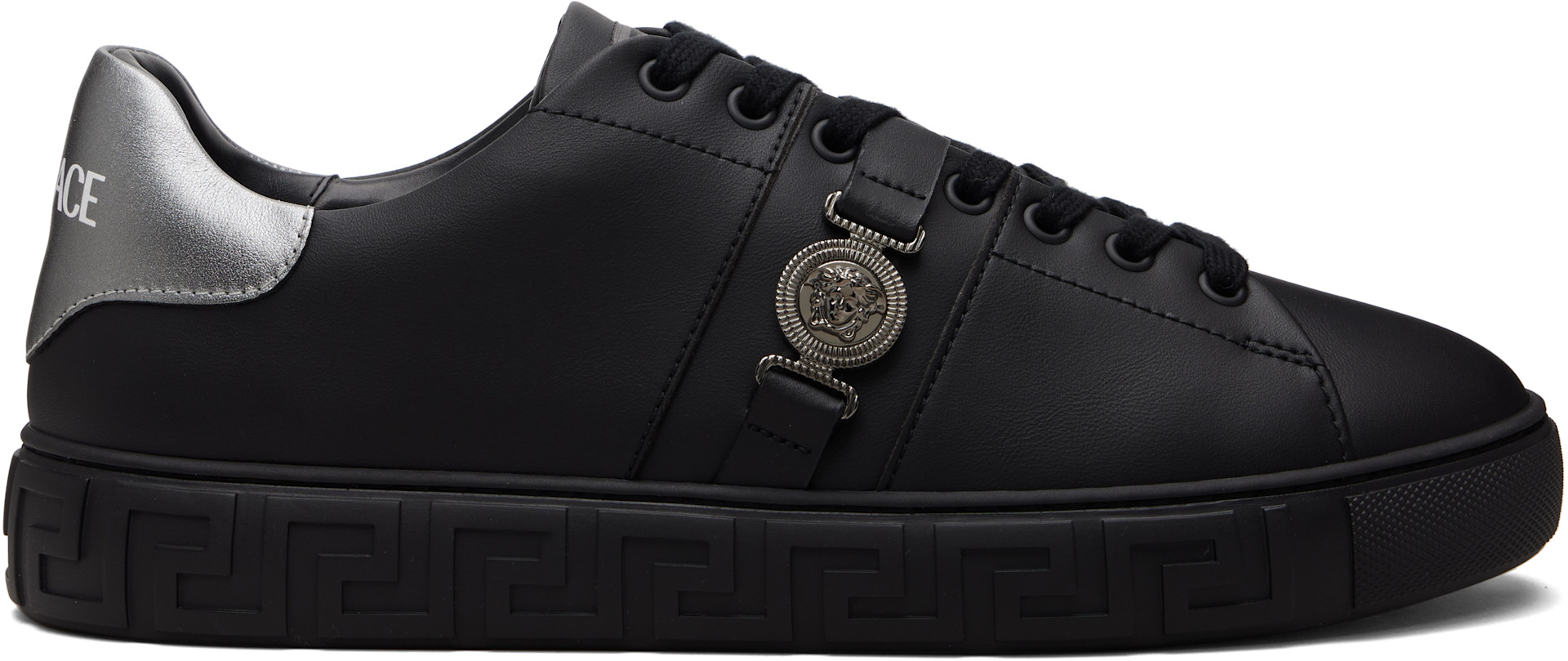 Versace: ブラック グレカ フェイクレザー スニーカー | SSENSE 日本