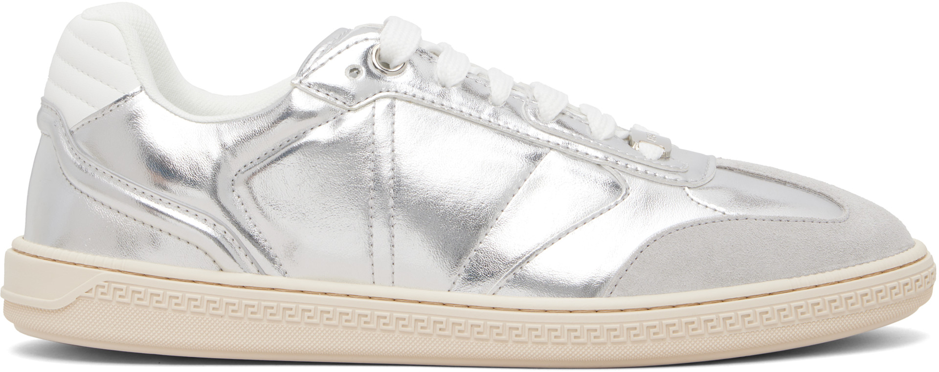 【美品】VERSACE スニーカー シルバー メタリック Versace: シルバー Greca Court メタリック フェイクレザー スニーカー