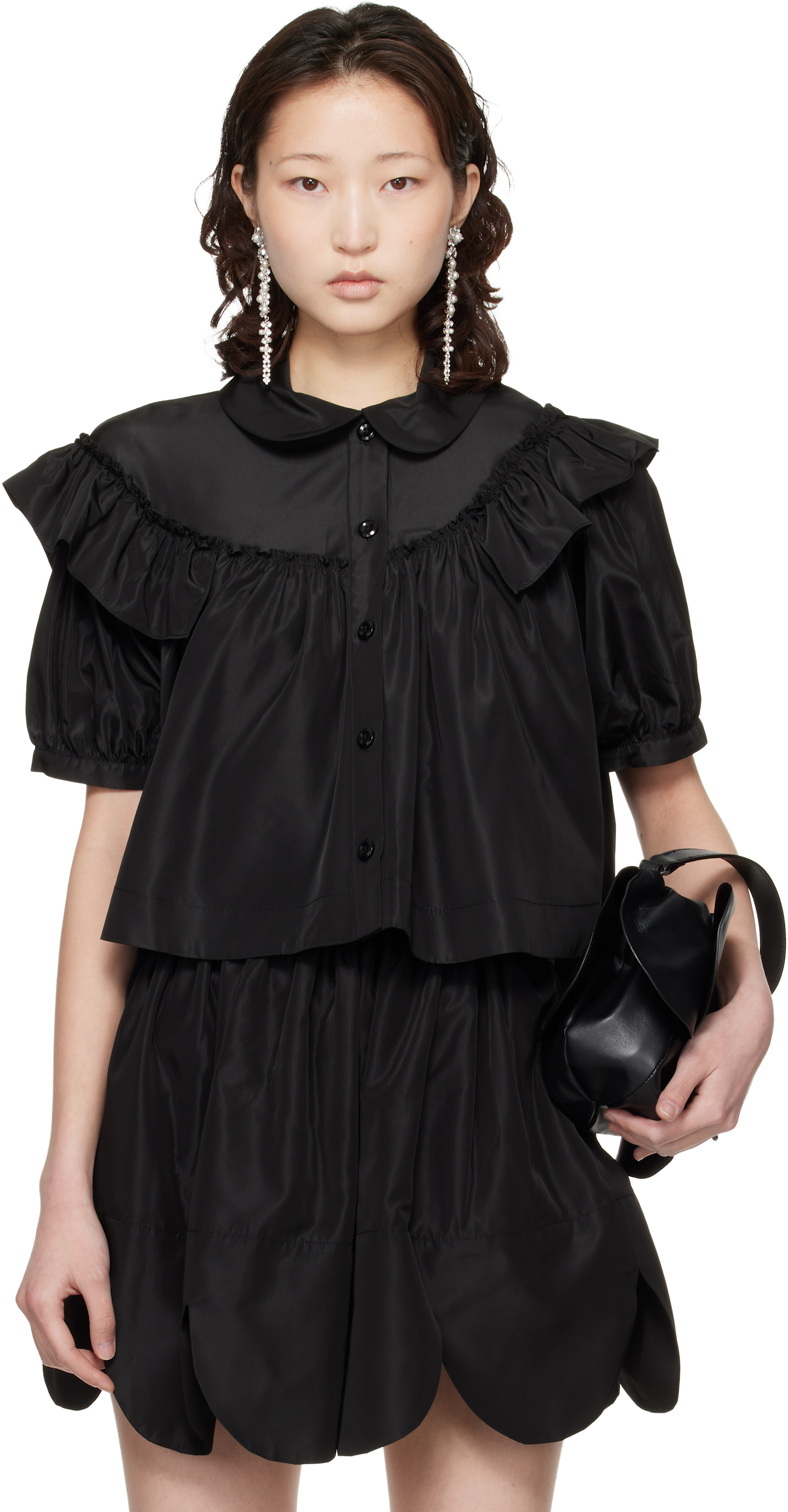 Simone Rocha: Black Cropped Puff Sleeve Ruffle Frill Shirt | SSENSE