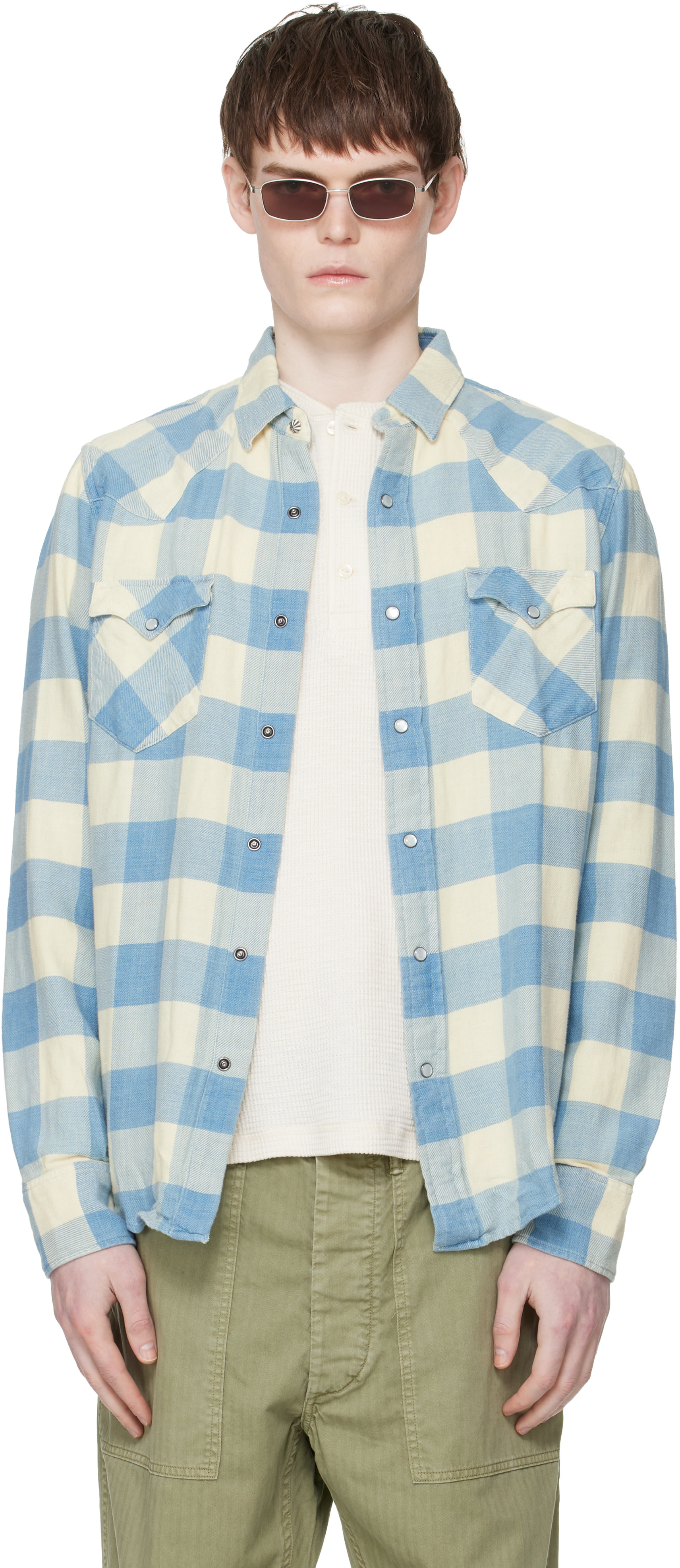 RRL: Blue & Off-White Slim Fit Plaid Twill Western Shirt | SSENSE