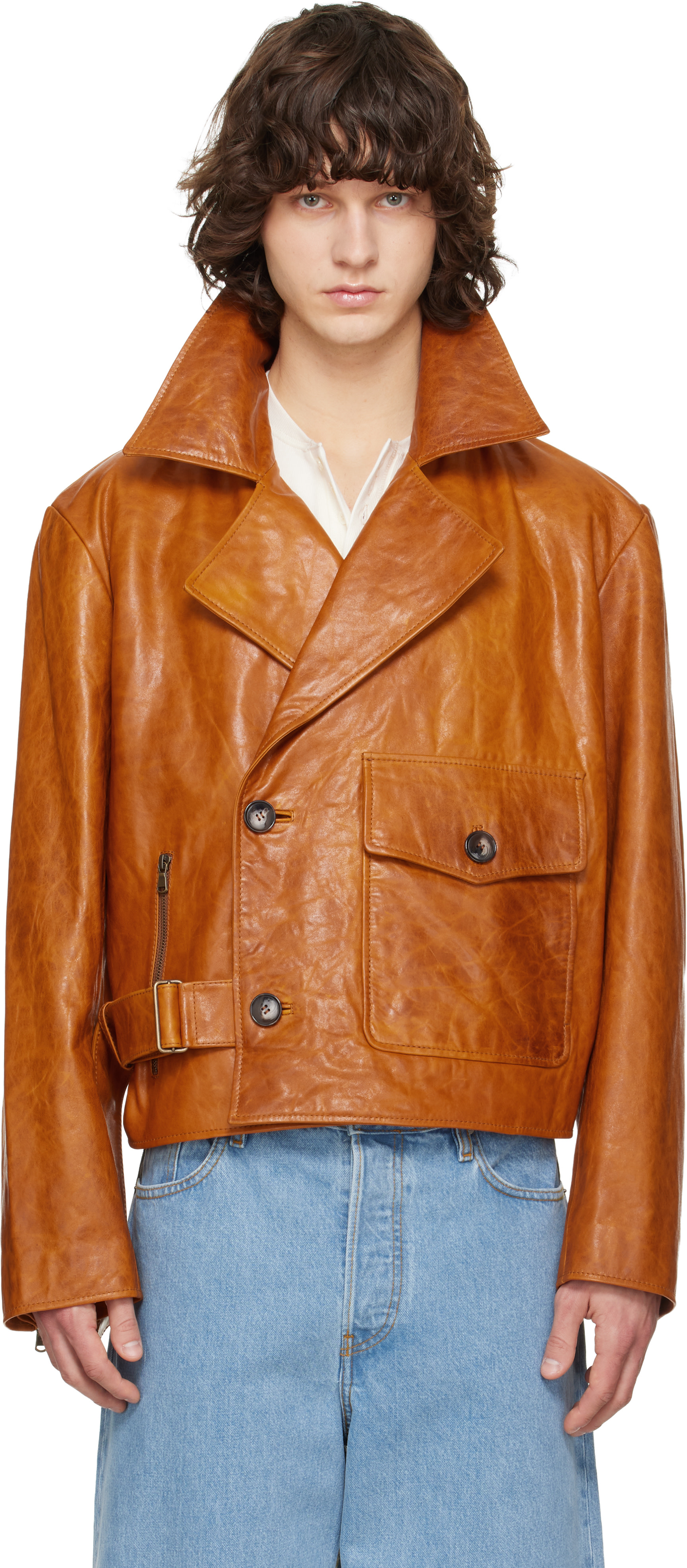 Sanderlak: Tan Leather Moto Jacket | SSENSE