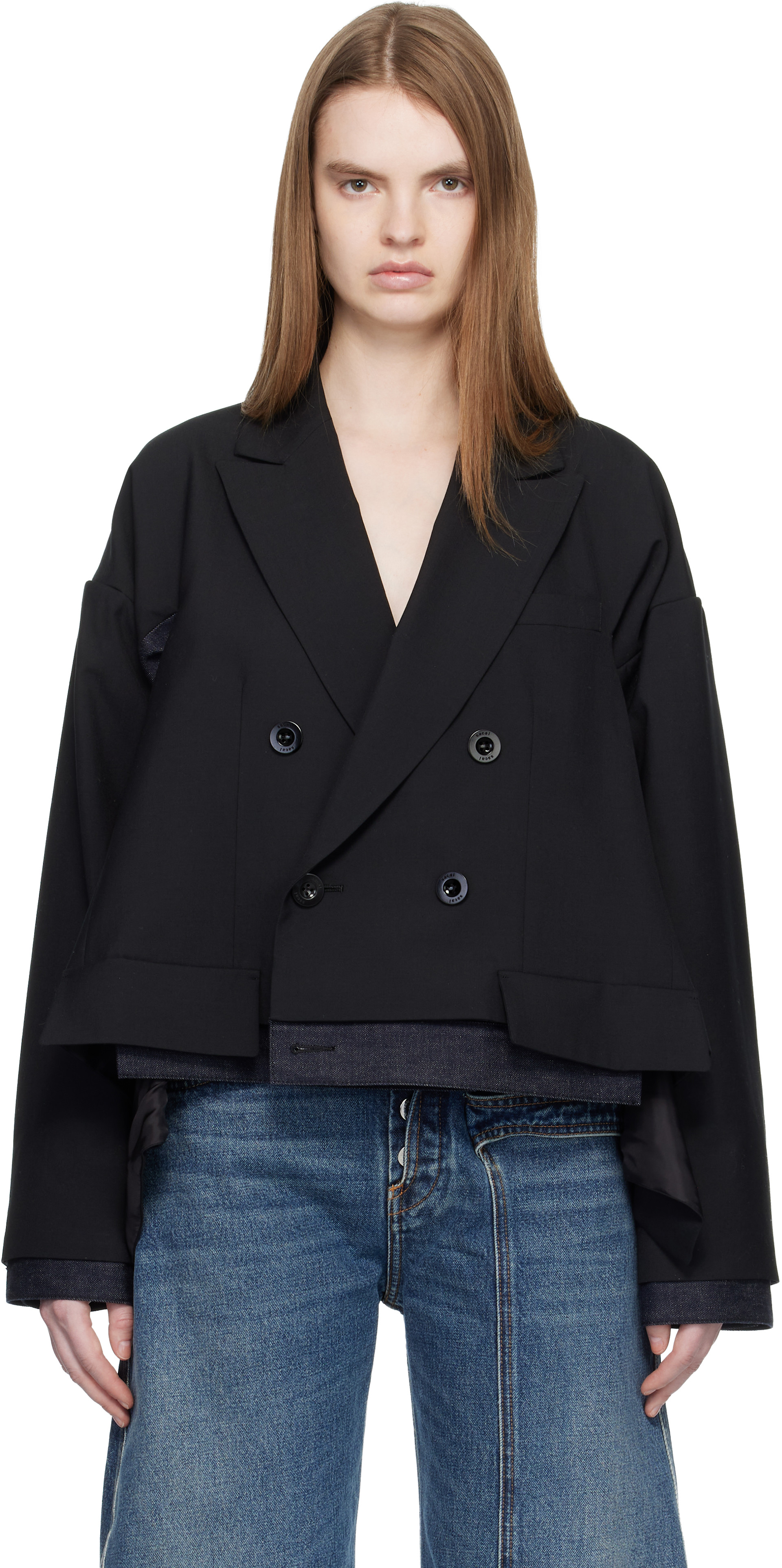 sacaiテーラードジャケット　ダブルフェイス sacai: ブラック Suiting & Denim テーラードジャケット | SSENSE 日本