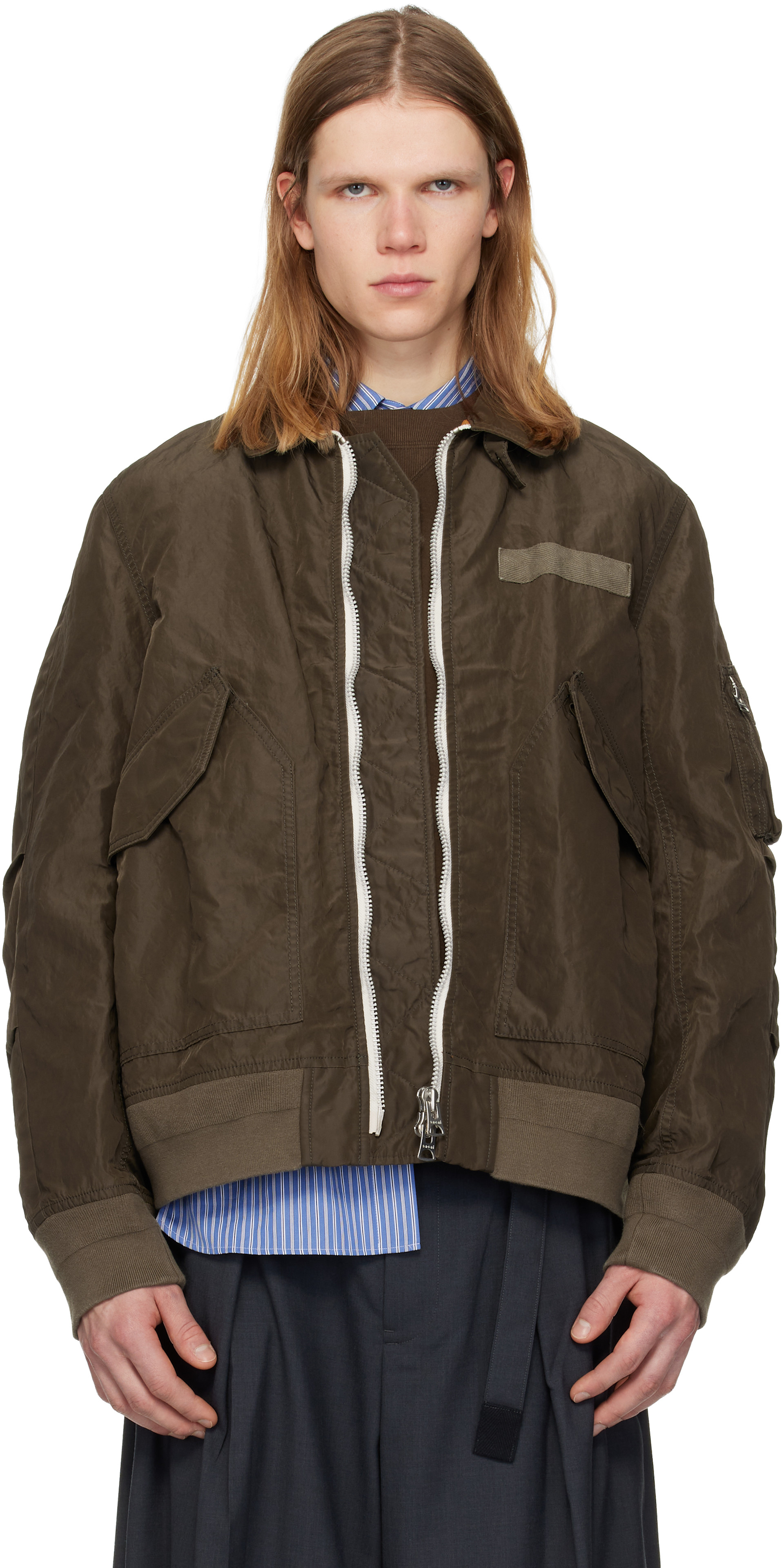 sacai: Khaki Treated Nylon Twill Bomber Jacket | SSENSE