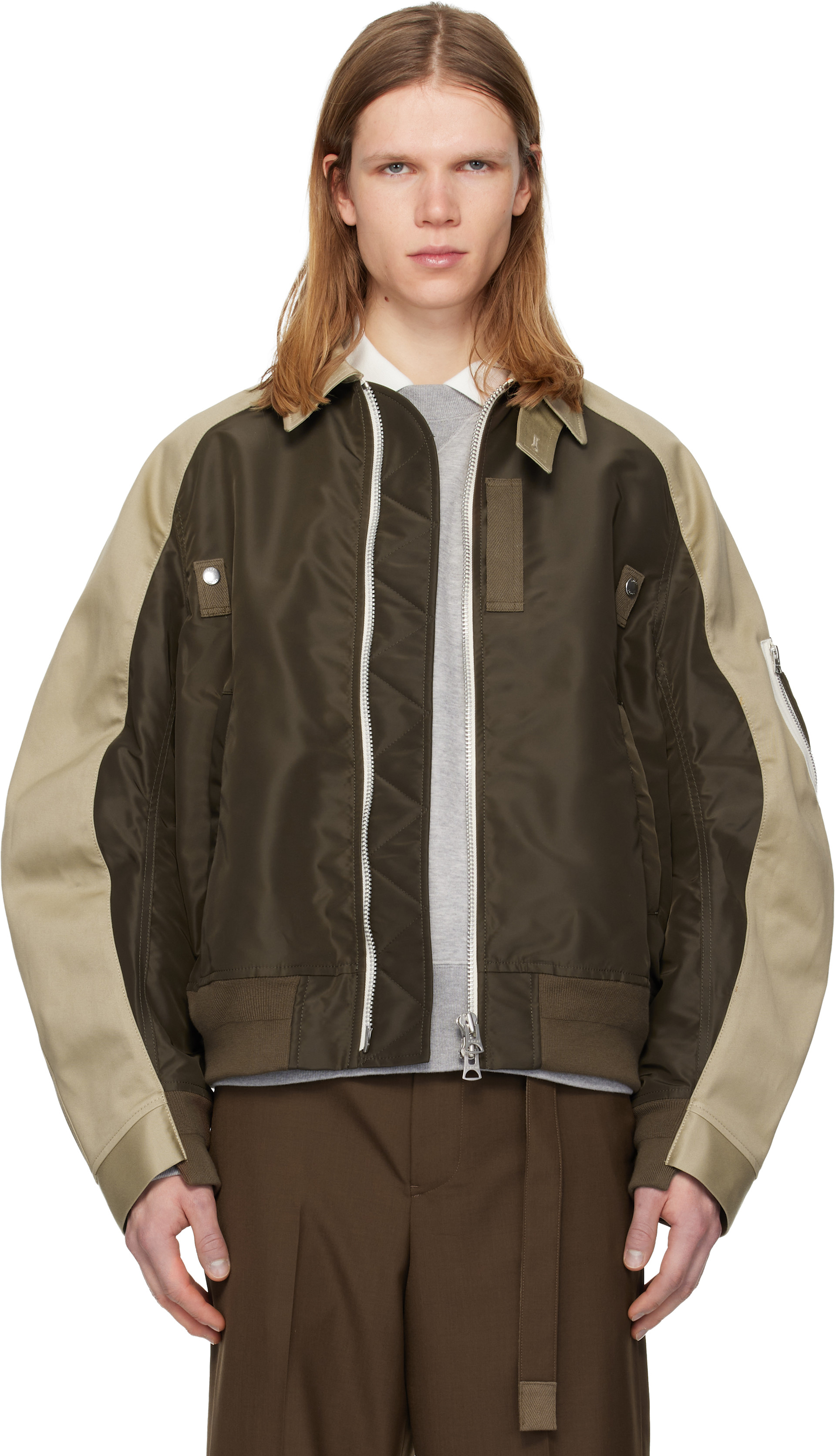 新品 26ss sacai cotton chino ベージュ 2 sacai: Beige & Khaki Cotton Chino & Nylon Twill Bomber Jacket | SSENSE