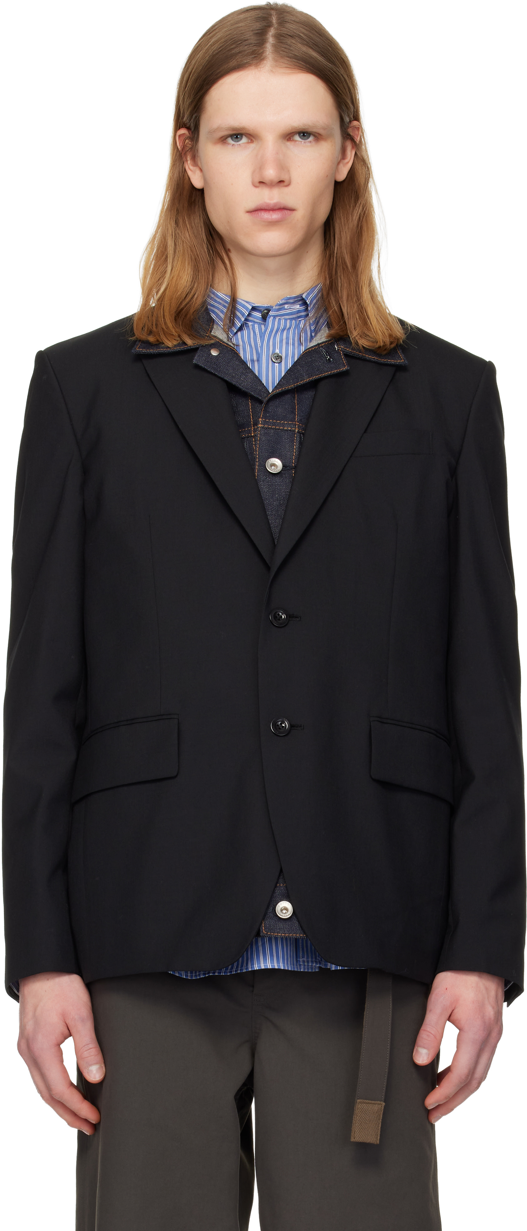 sacai 20AW デニム　ウール　ジャケット　テーラード　サカイ　ダブル sacai: ブラック Suiting & Denim テーラードジャケット | SSENSE 日本