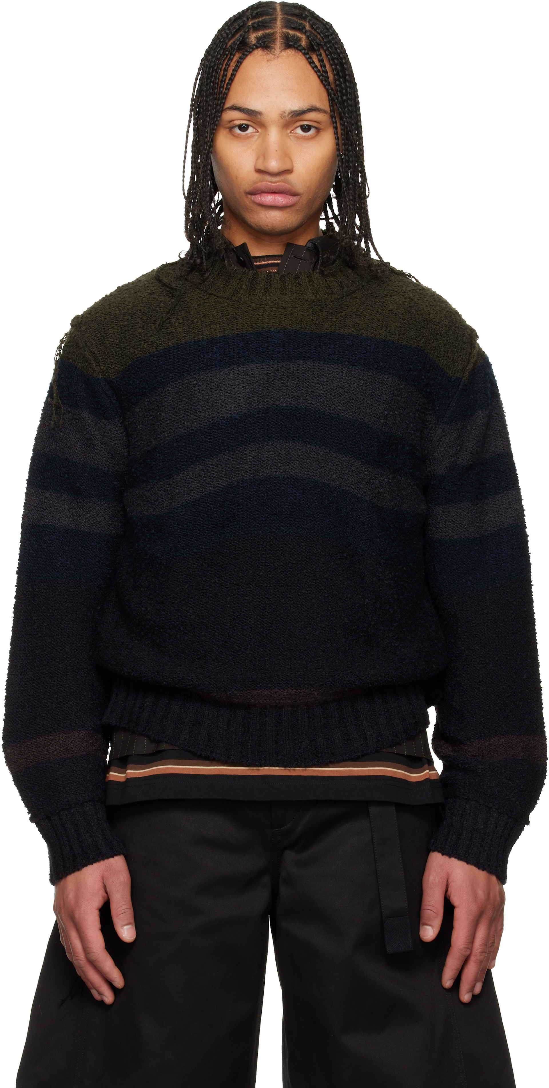 Sacai ネイビーとカーキのリブ編みセーター sacai: ネイビー＆カーキ Sponge Pullover スウェットシャツ | SSENSE 日本