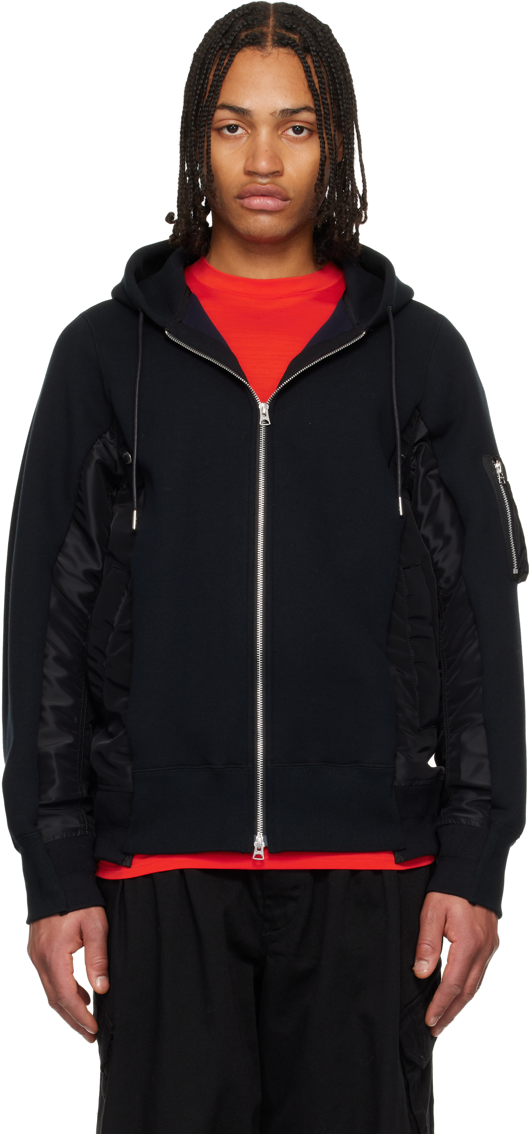 sacai: Black Sponge Sweat & Nylon Twill Hoodie | SSENSE