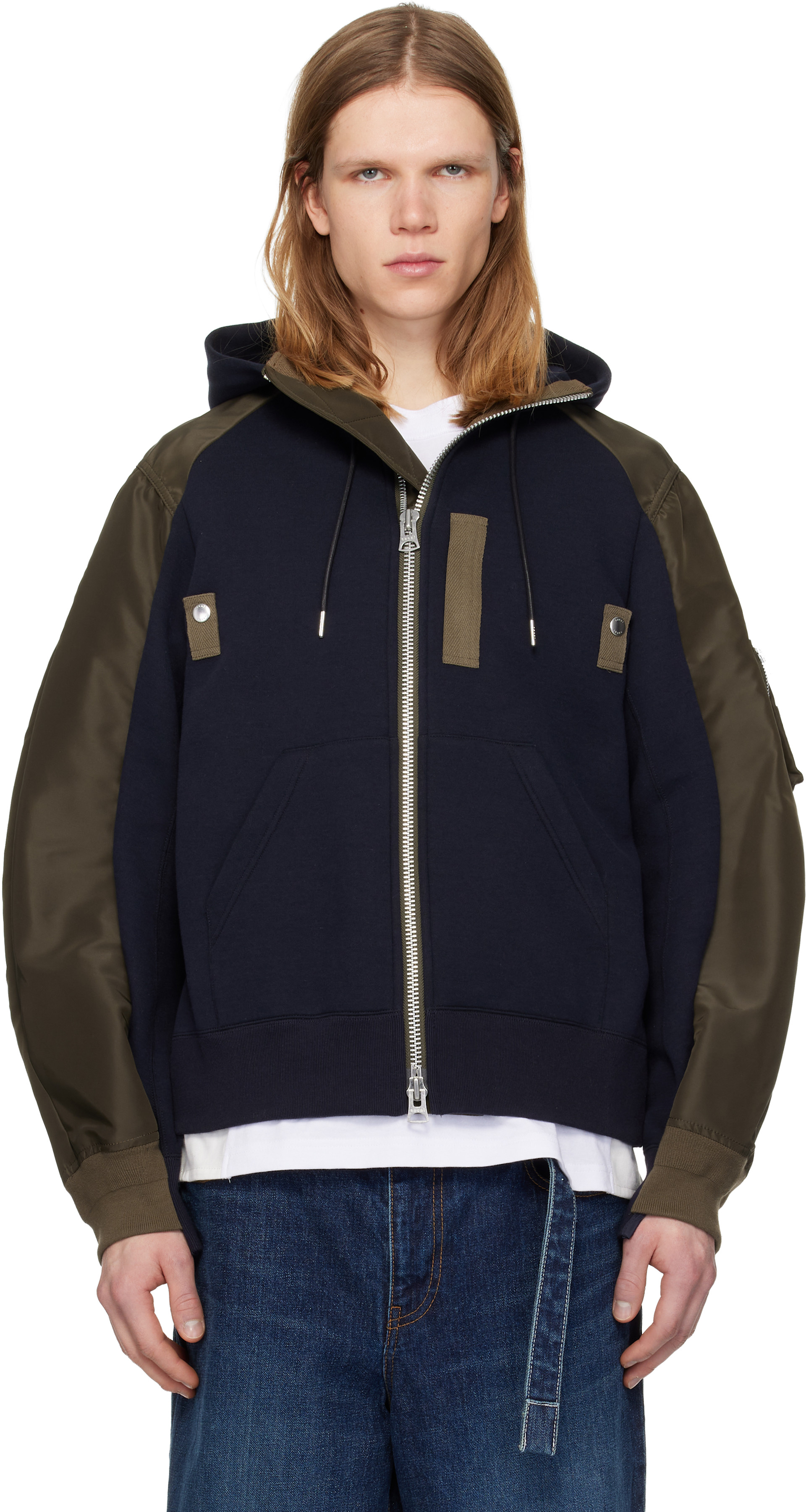 sacai フード付きネイビー・オリーブジャンパー サイズ3 sacai: ネイビー＆カーキ Sponge Sweat フーディ | SSENSE 日本