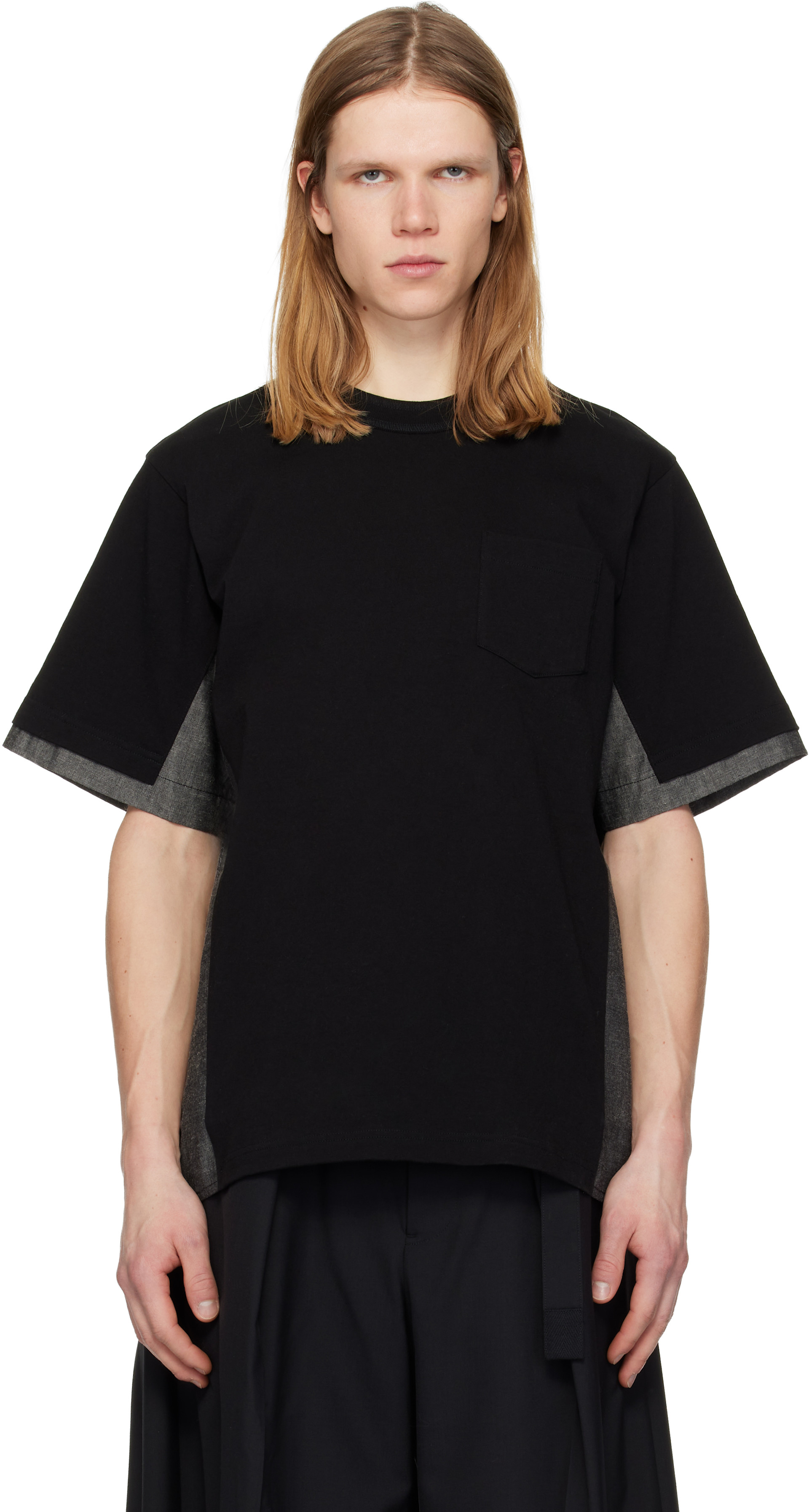 sacai: ブラック Cotton Jersey & Light Weight Denim Tシャツ