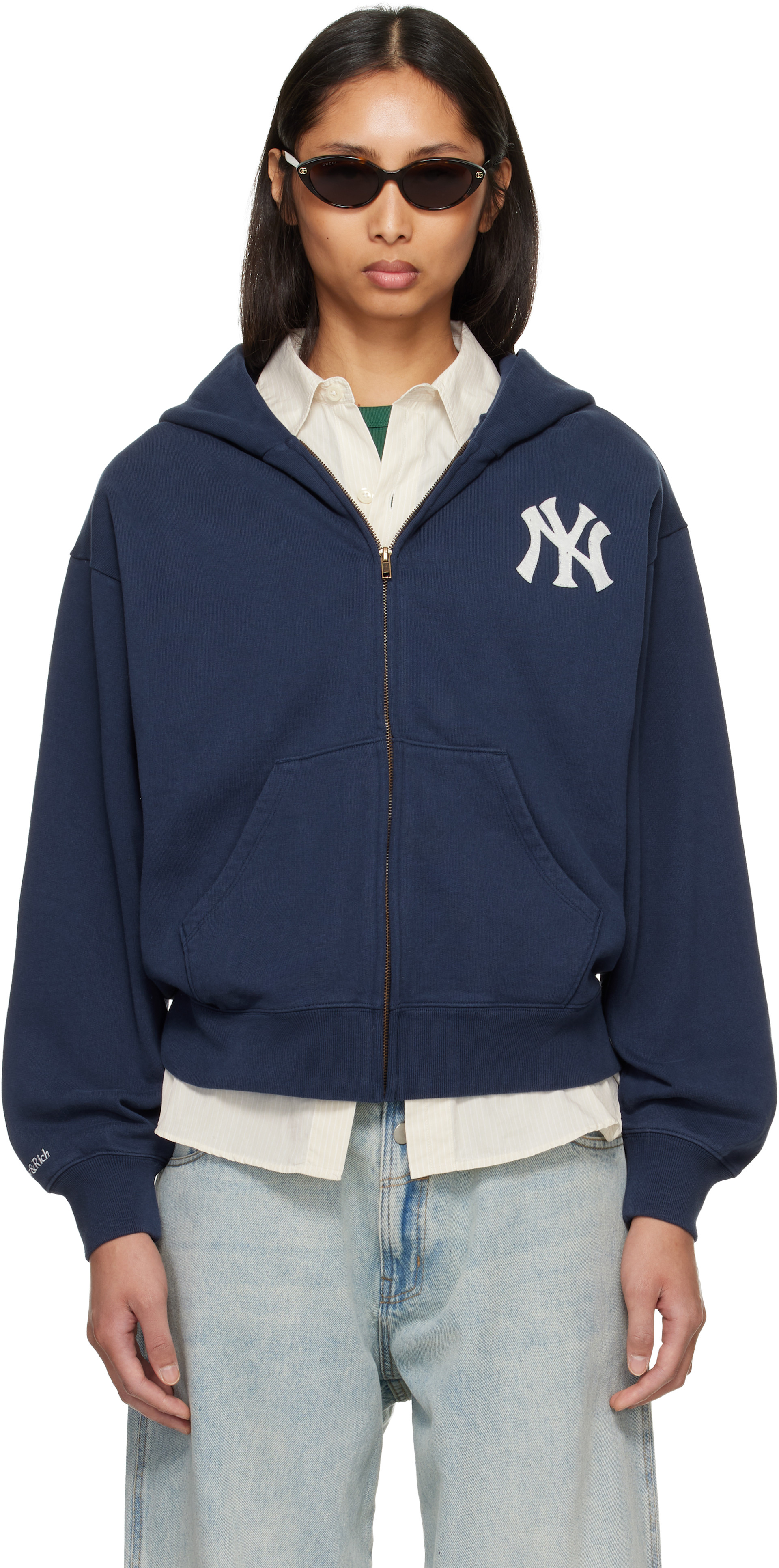 Sporty & Rich: Navy Heritage Yankees Serif Zip Hoodie | SSENSE Canada