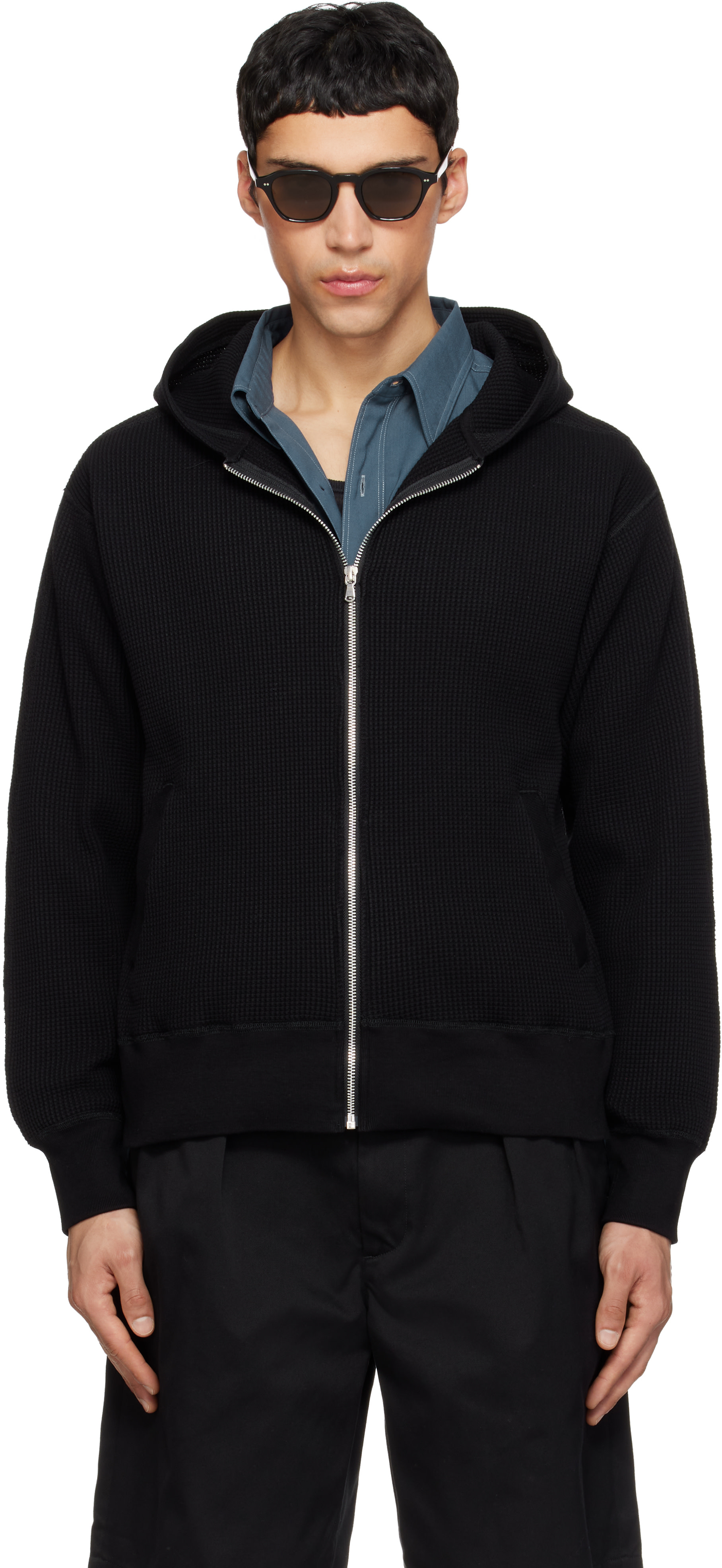 nanamica: Black Zip-Up Thermal Hoodie | SSENSE