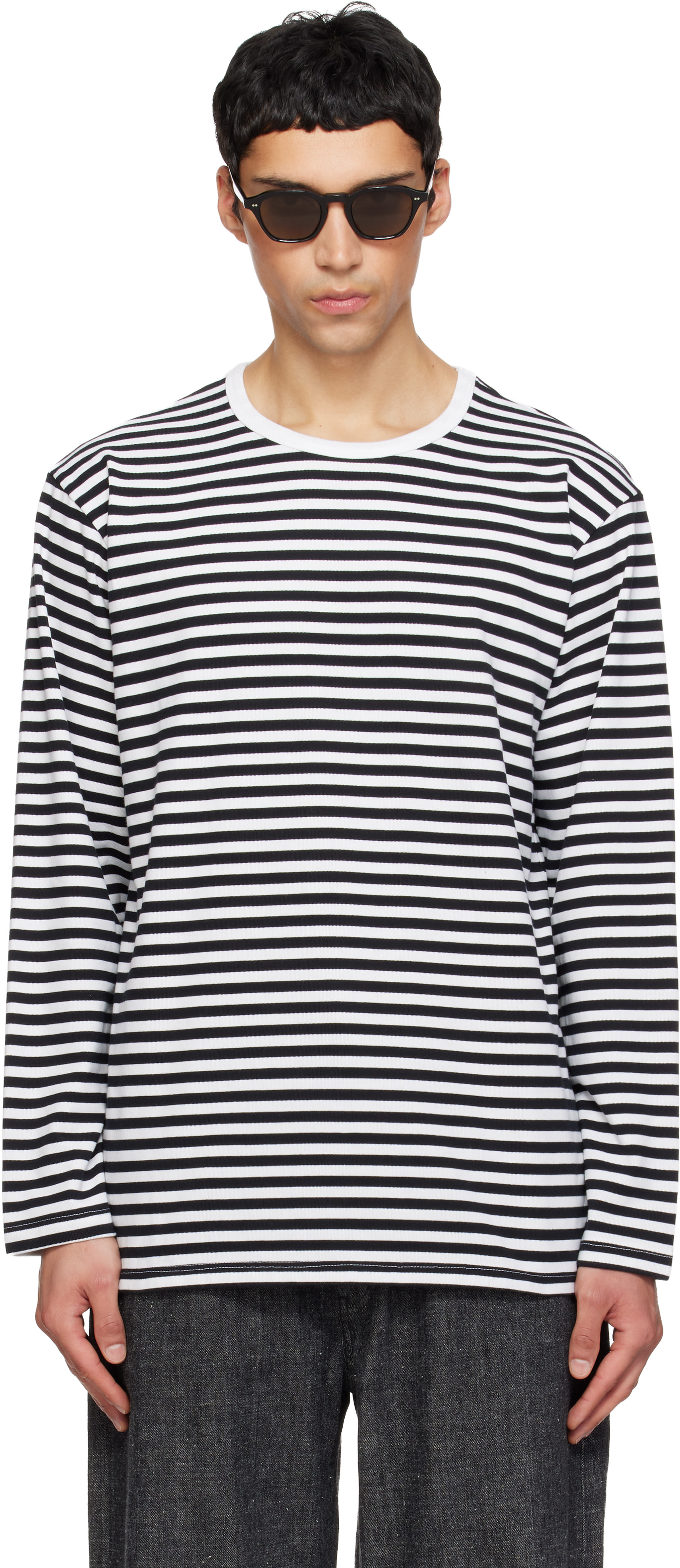 nanamica: Black & White COOLMAX Stripe Jersey L/S T-shirt | SSENSE