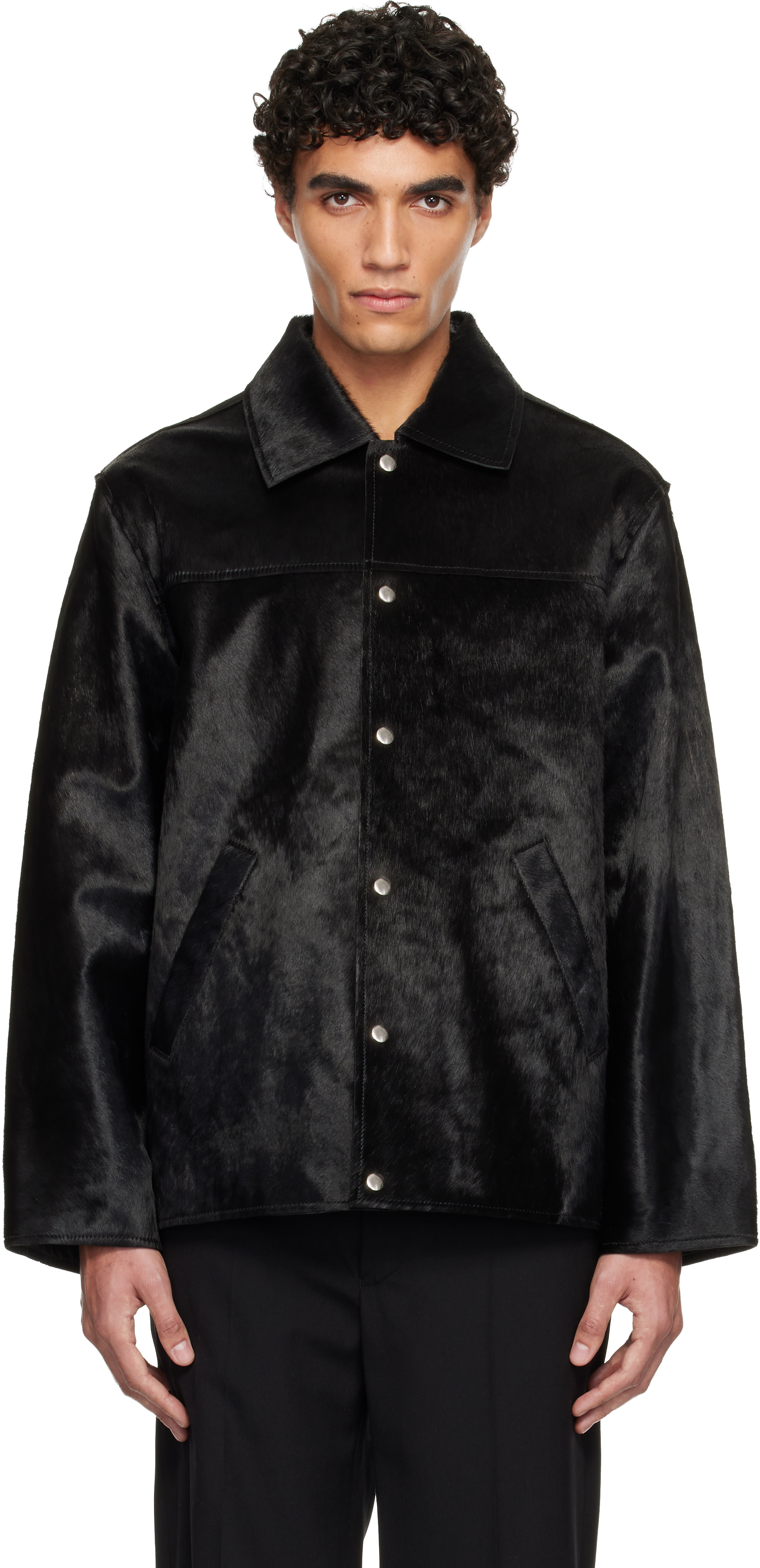 Sunflower: Black Cow Hide Coach Jacket | SSENSE