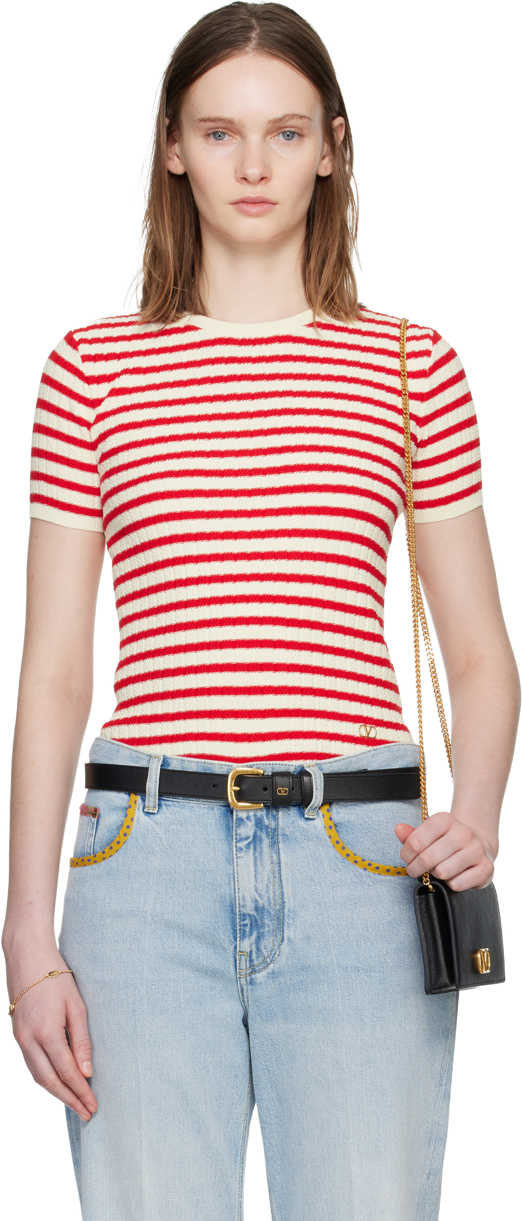 Valentino: Red & White Knit Stripe Short Sleeve Sweater | SSENSE