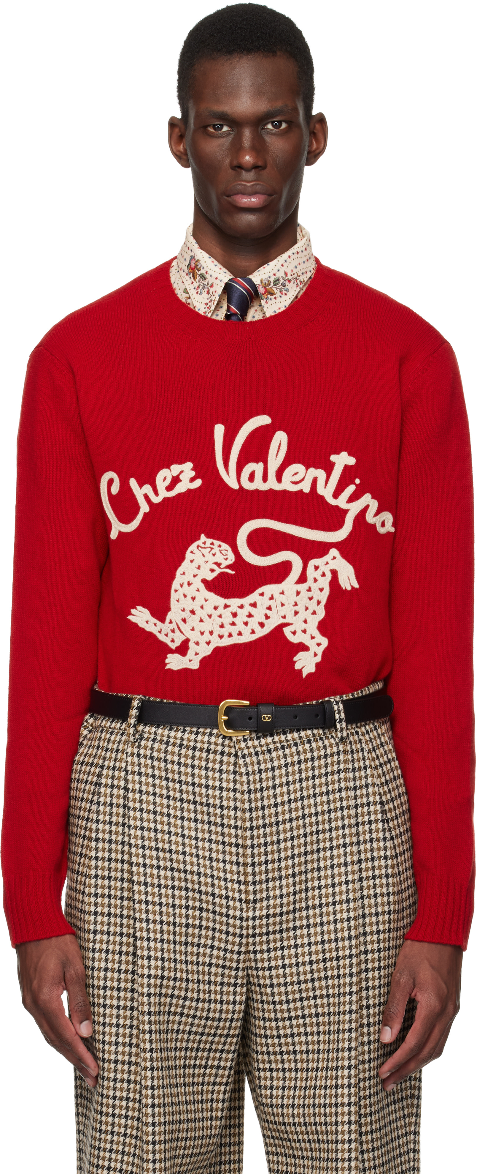 Valentino: Red Wool 'Chez Valentino' Panther Embroidery Sweater