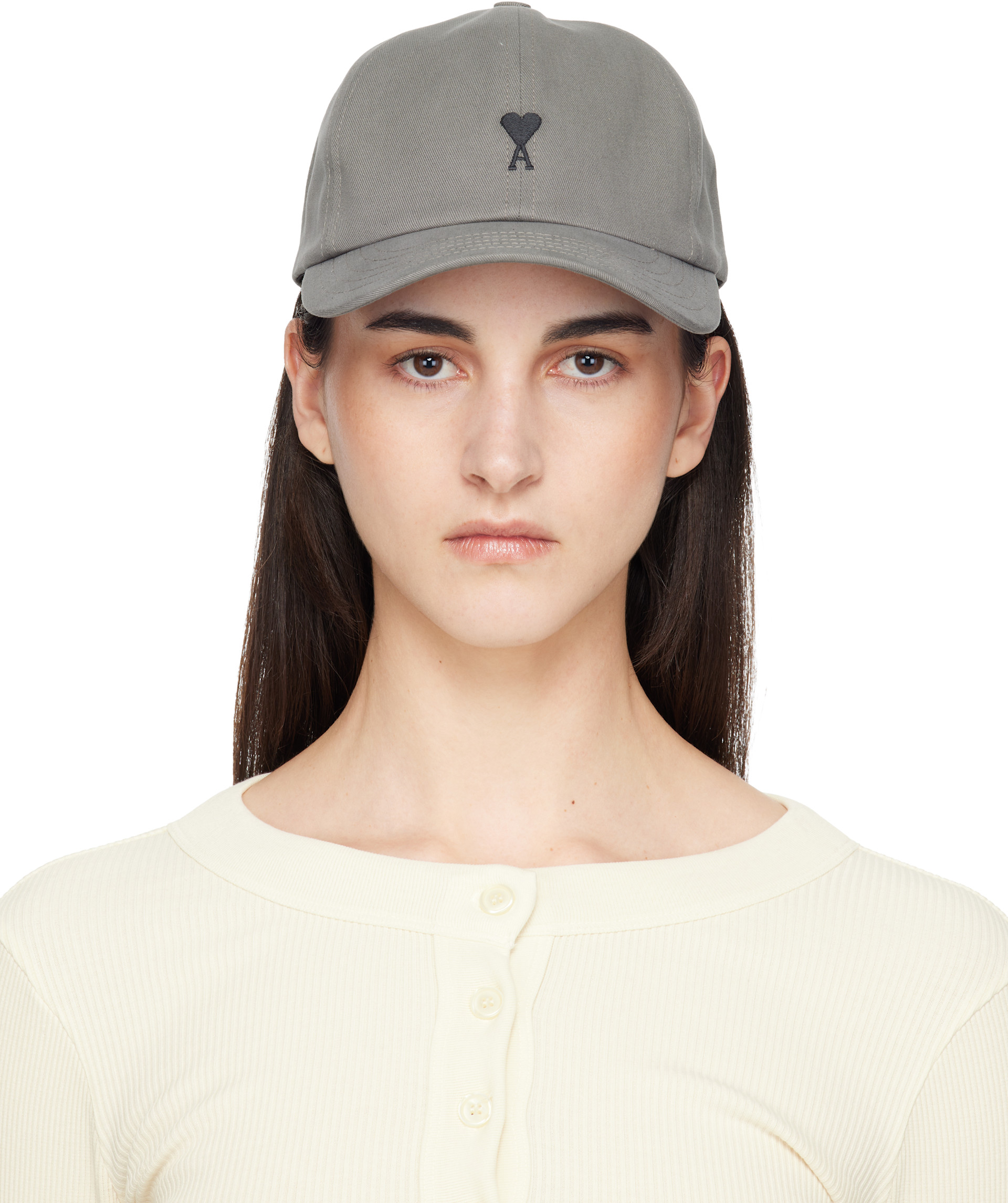 AMI Paris: Gray Cotton Ami de Coeur Embroidery Cap | SSENSE