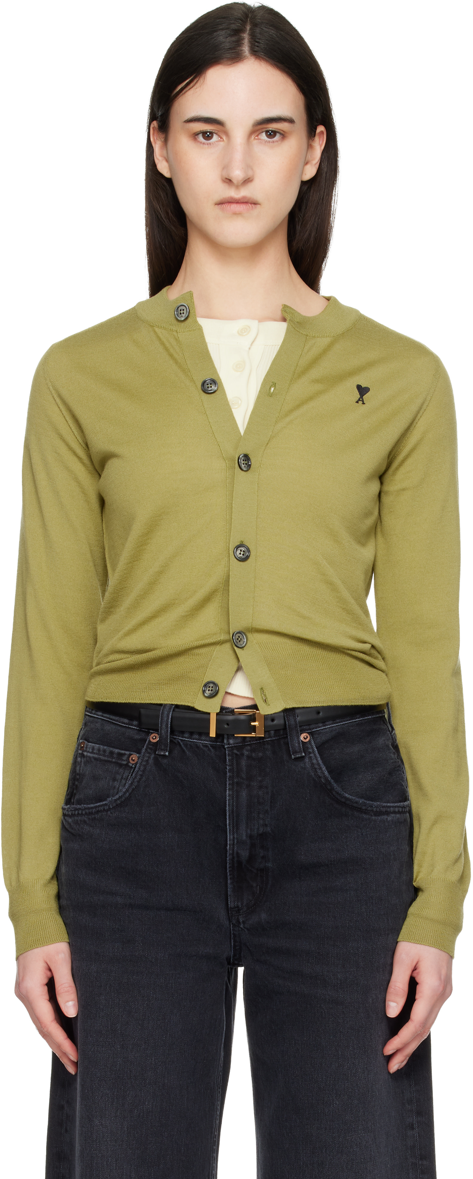 ami paris オリーブグリーンウール カレッジセーター　Sサイズ AMI Paris: Green Wool Crewneck Ami de Coeur Cardigan | SSENSE