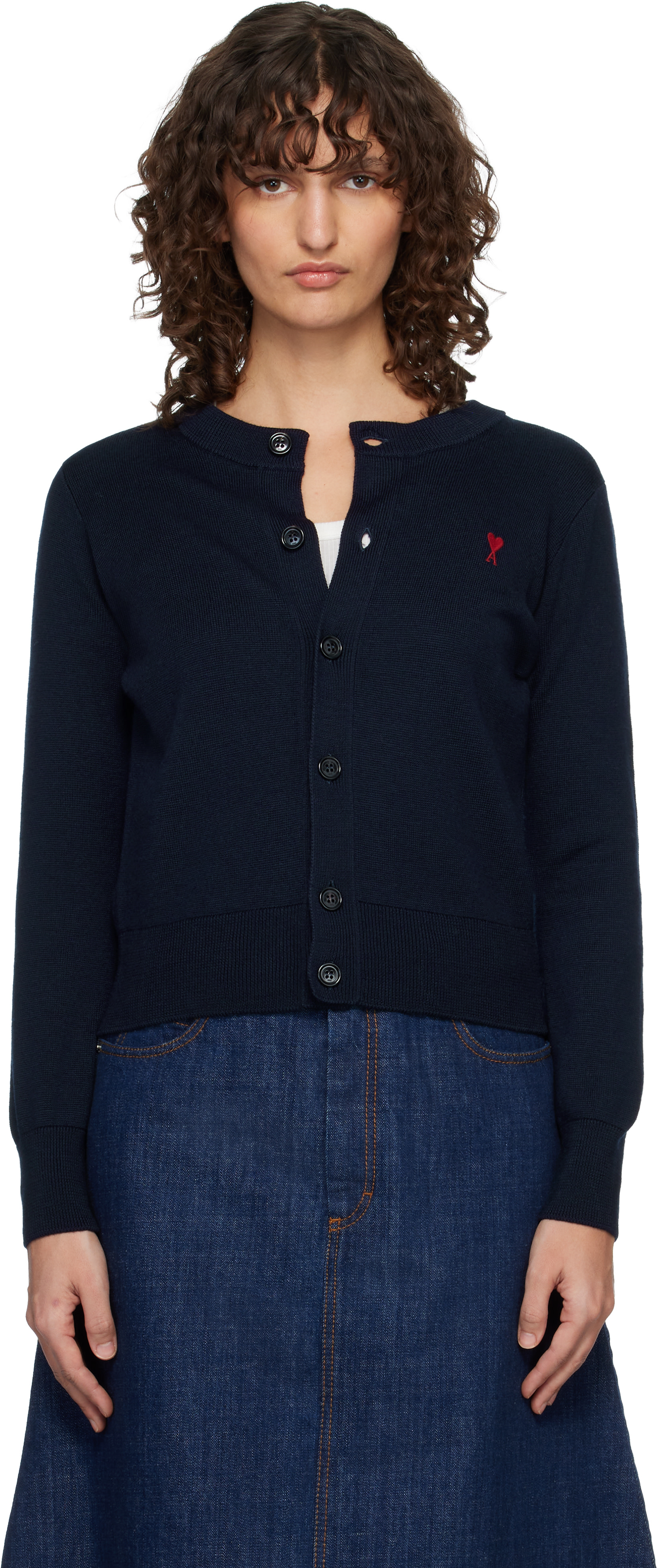 AMI Paris: Navy Wool Crewneck Ami de Coeur Cardigan | SSENSE